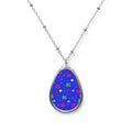 Floral Oval Pendant Necklace — Blue Teardrop Flower Charm
