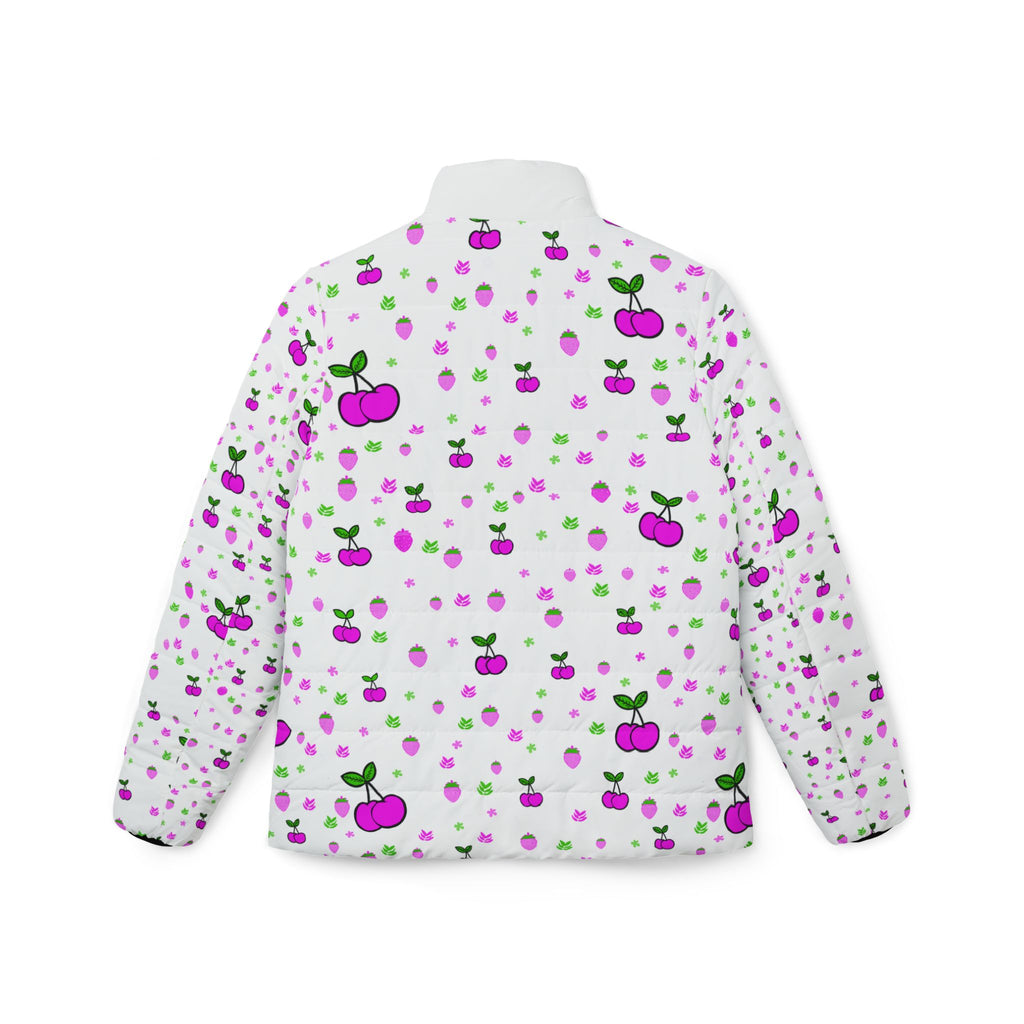 Cherry Dots Women’s Puffer Jacket — Cute Pink & Purple Cherry All-Over Print