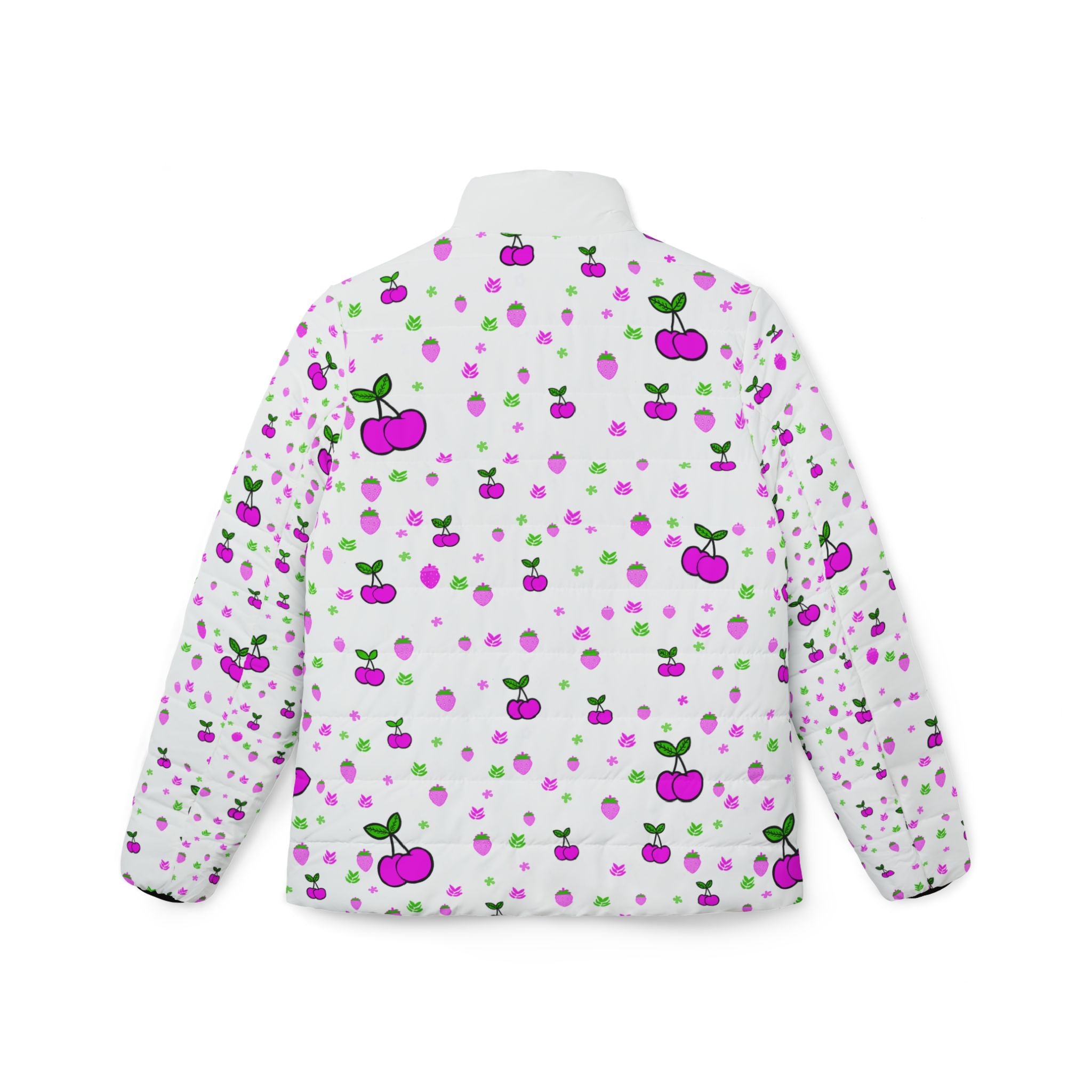 Cherry Dots Women’s Puffer Jacket — Cute Pink & Purple Cherry All-Over Print