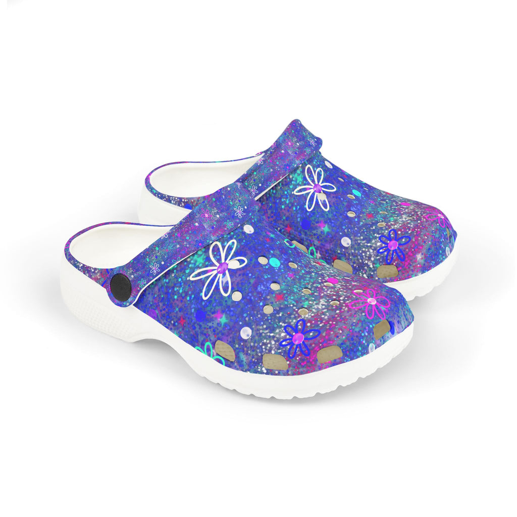 Kids Floral Galaxy EVA Foam Clogs — Purple Sparkle All-Over Print