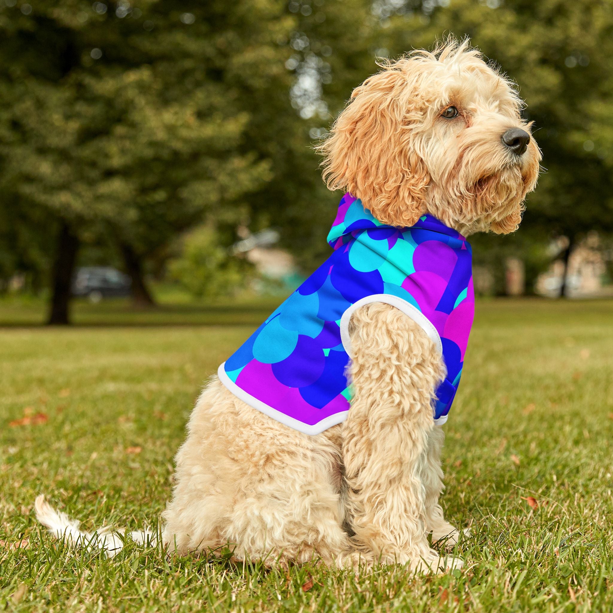 Pet Hoodie - Vibrant Blue & Purple Bubble Print Hooded Dog Sweatshirt