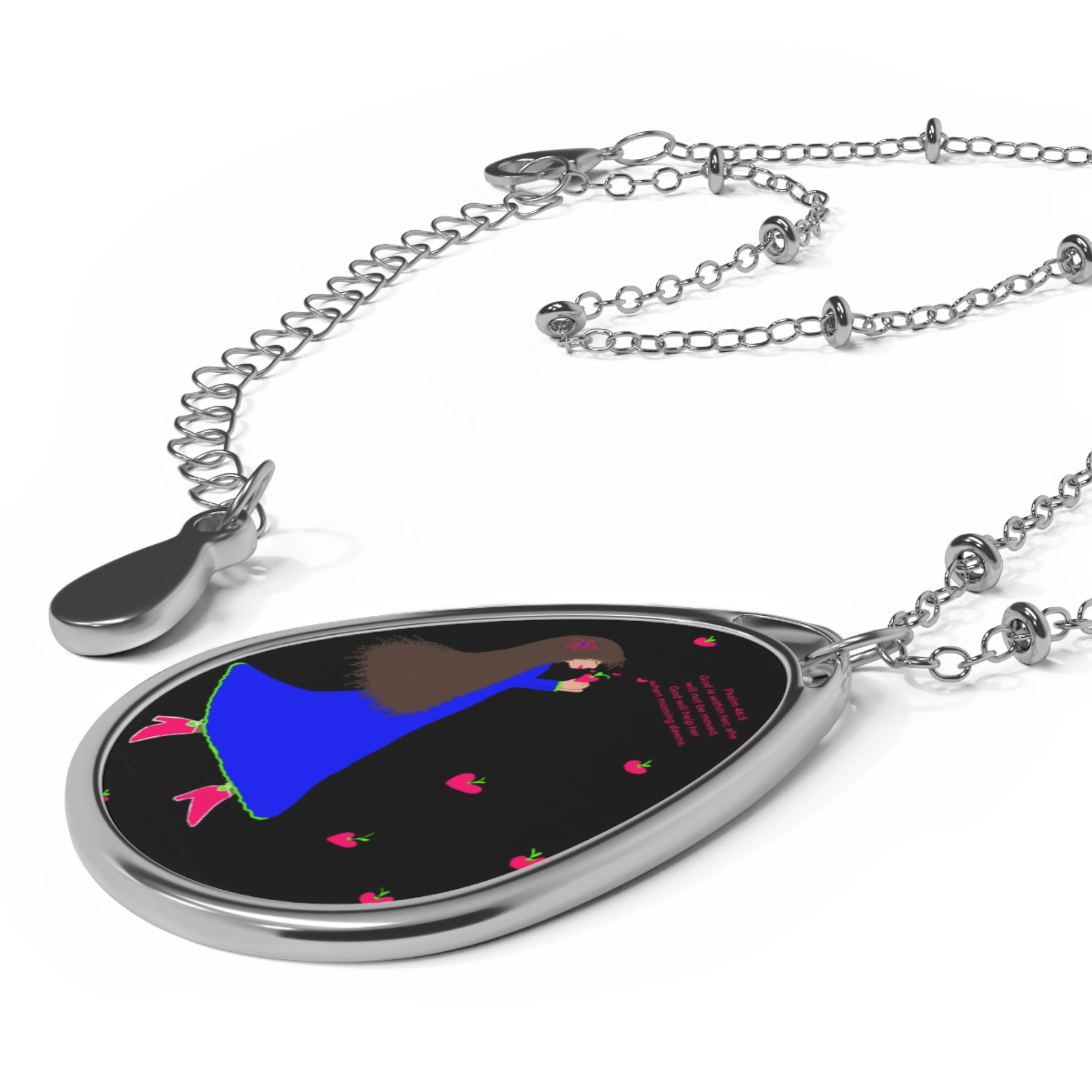 Oval Necklace — Romantic Blue Dress Pendant with Heart Confetti