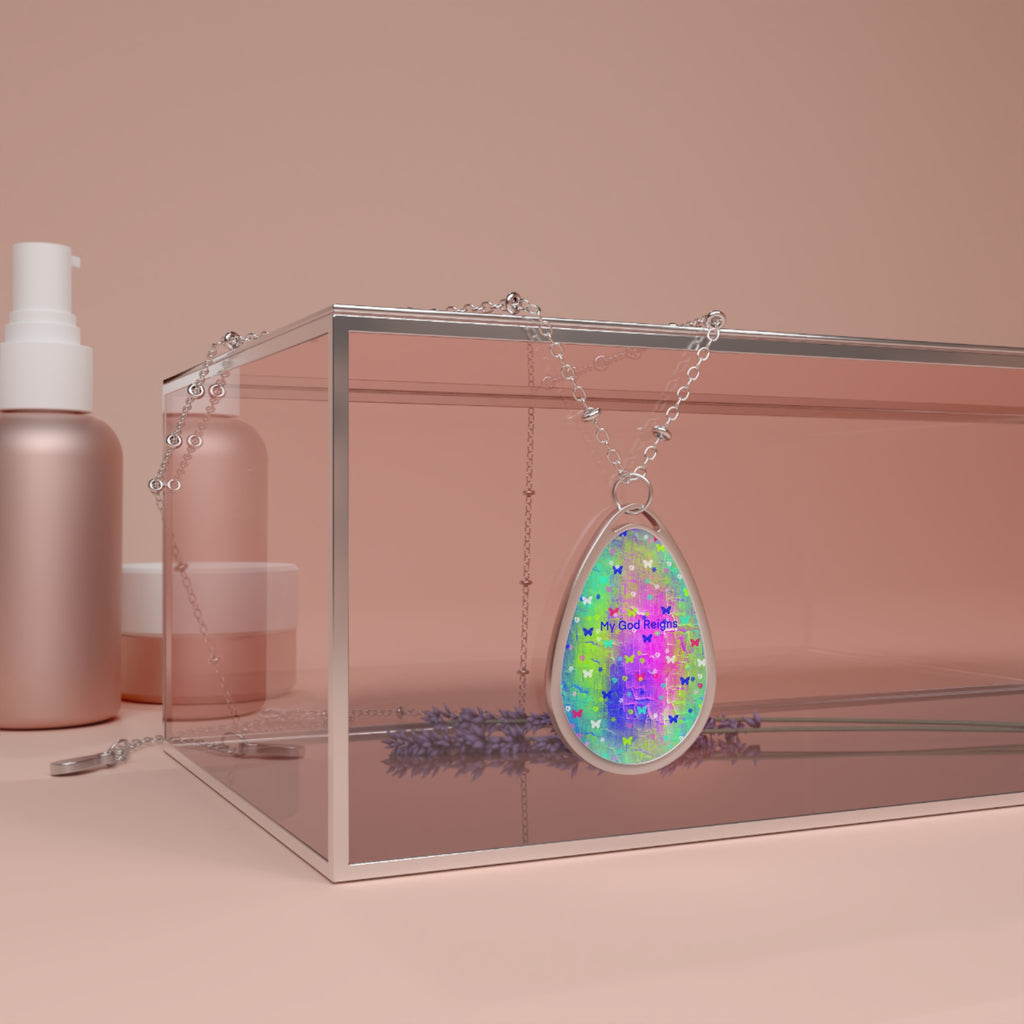 Inspirational Oval Pendant Necklace — 'My God Reign' Colorful Teardrop Charm