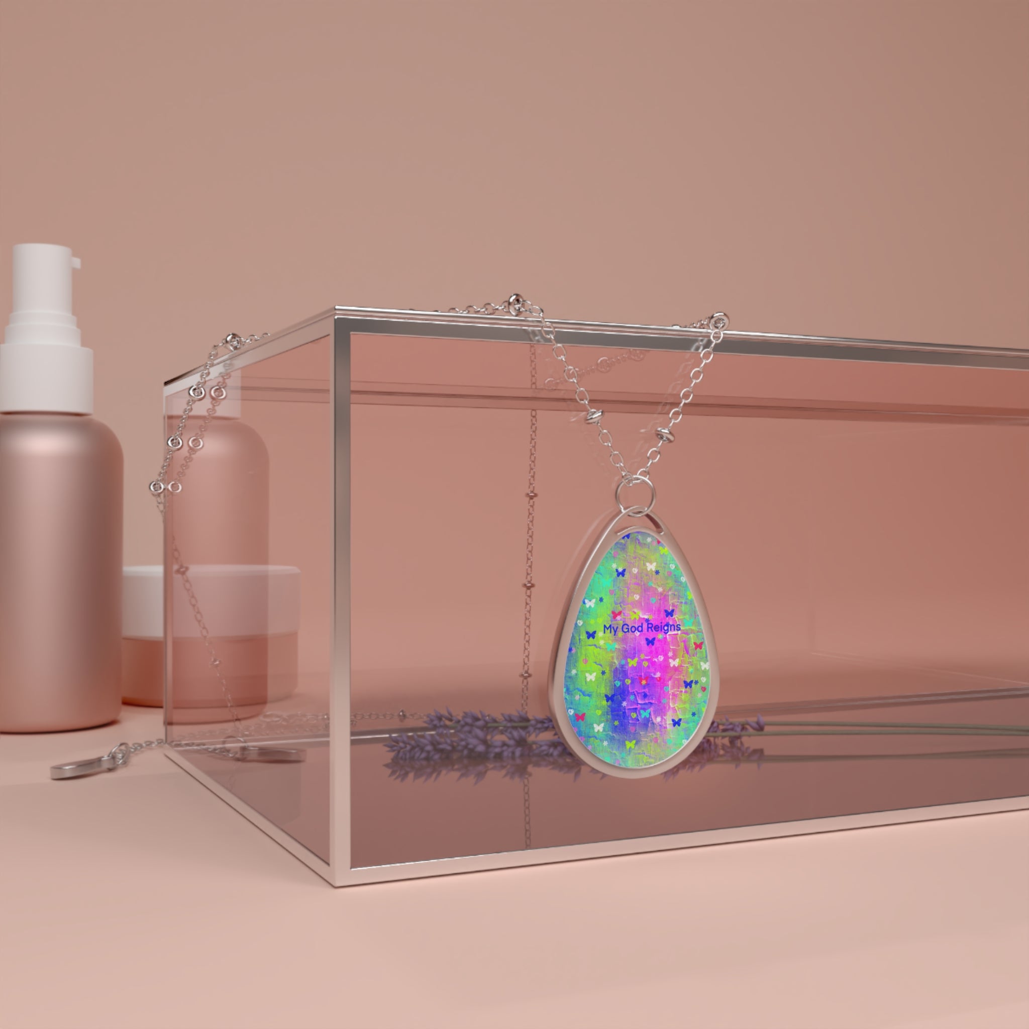 Inspirational Oval Pendant Necklace — 'My God Reign' Colorful Teardrop Charm