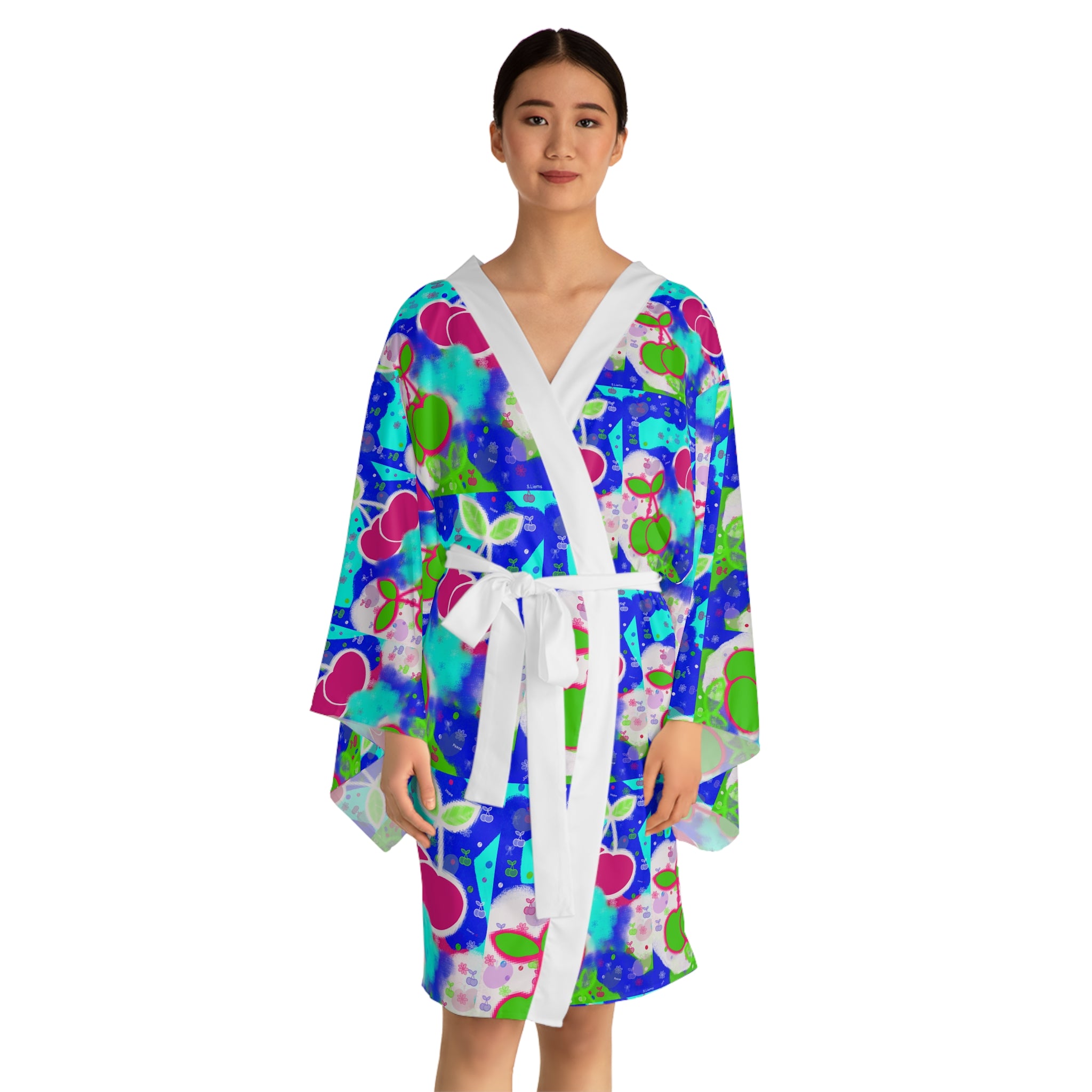 Cherry Pop Kimono Robe — Vibrant Blue All-Over Print Long Sleeve