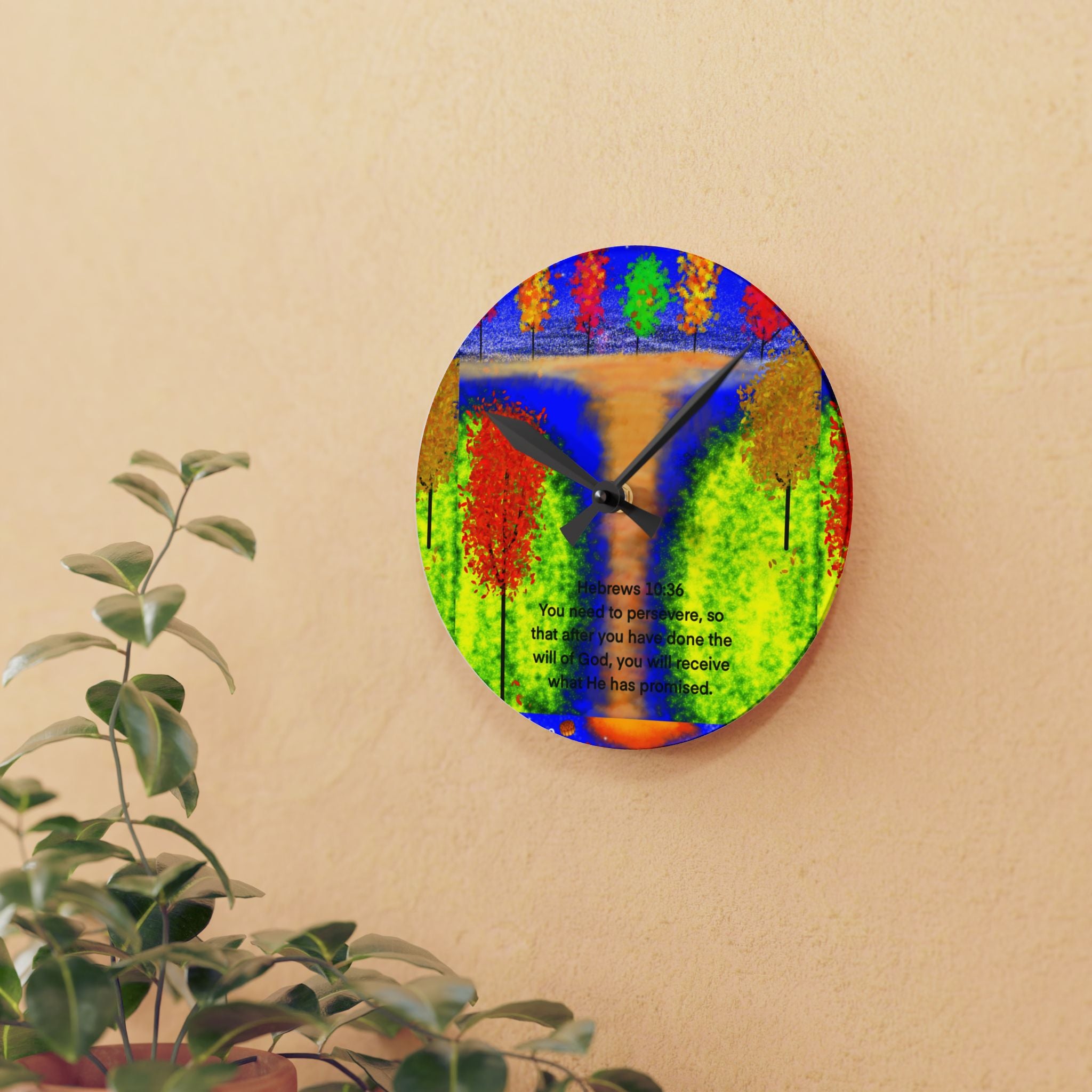 Acrylic Wall Clock — Colorful Autumn Waterfall Art Clock with Inspirational Quote