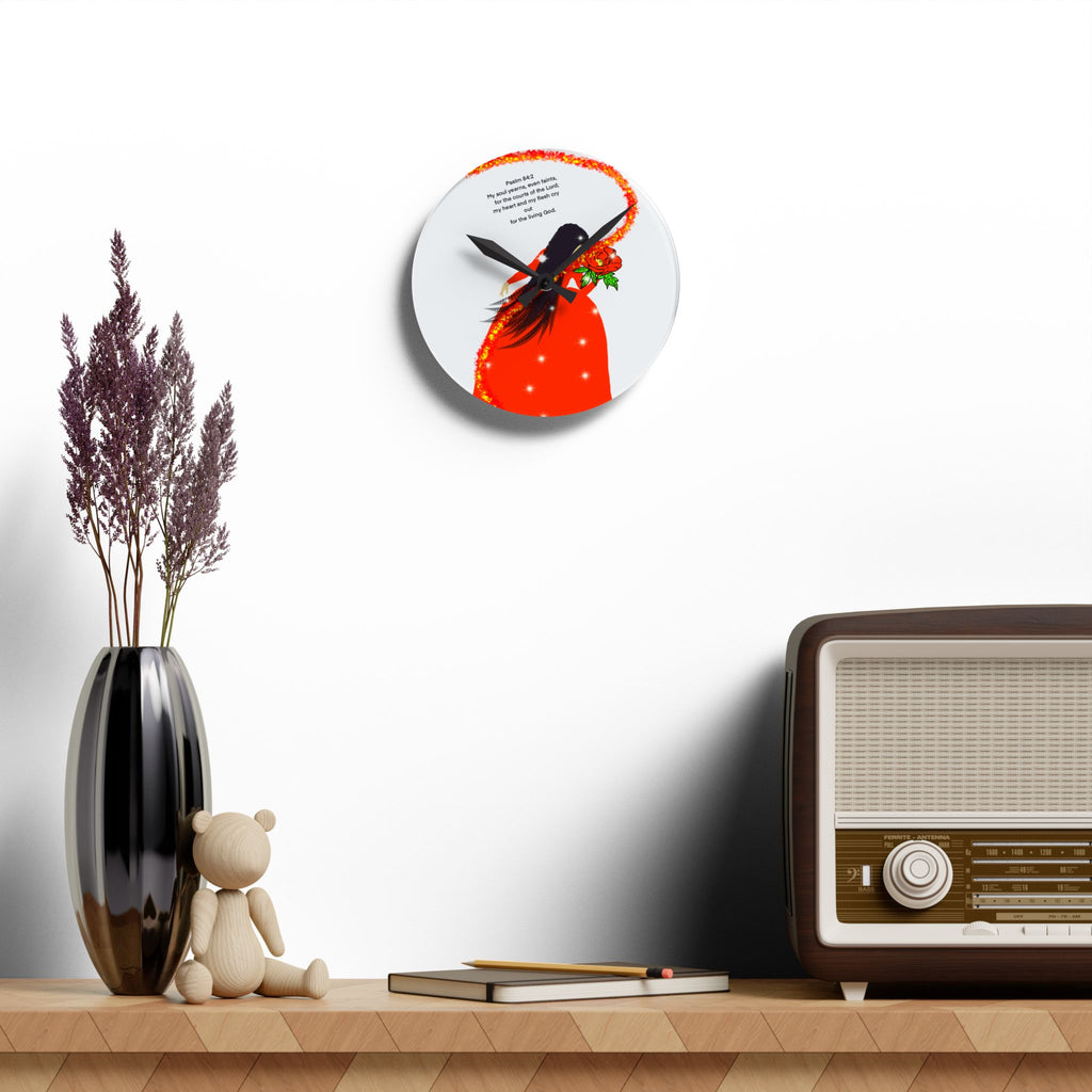 Acrylic Wall Clock — Red Cloak Floral Woman with Psalm 46 Verse
