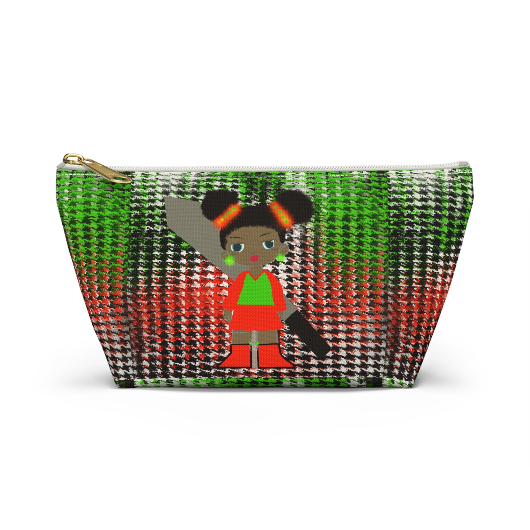 Accessory Pouch — Afro Girl Plaid Cosmetic Bag (Green & Red)