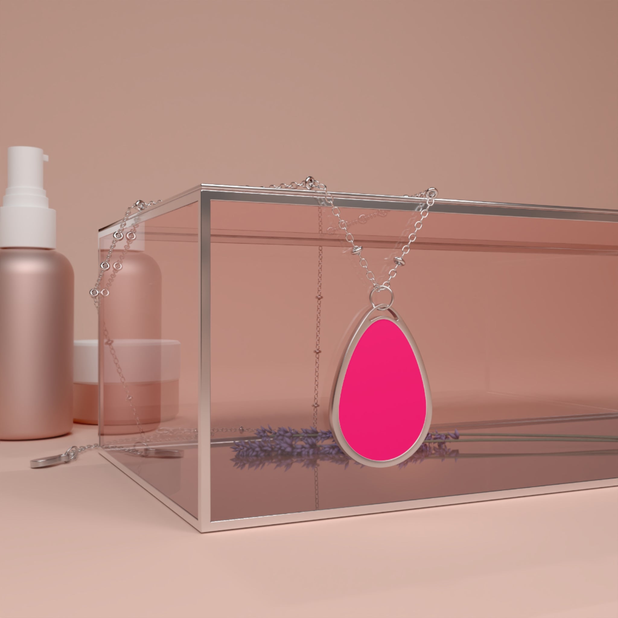 Pink Oval Pendant Necklace – Silver Teardrop Locket Jewelry