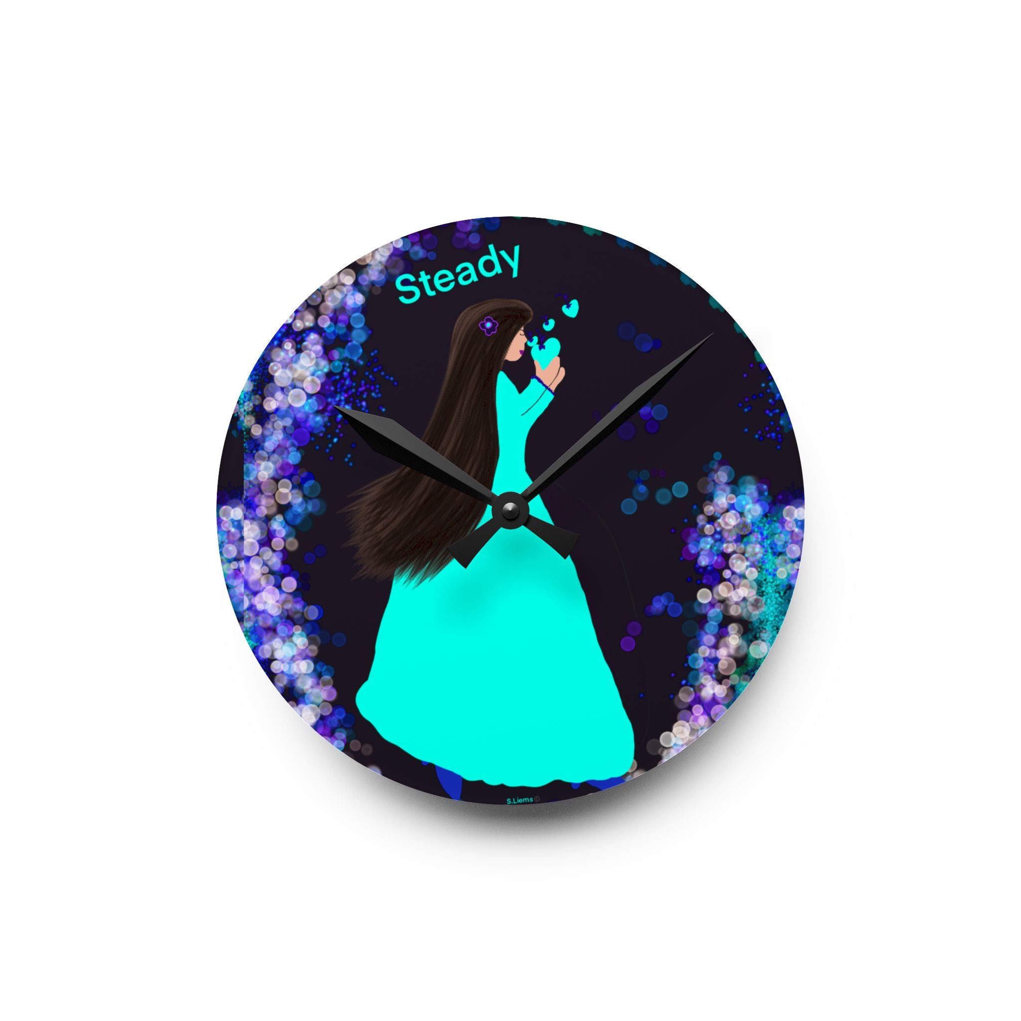 Steady Girl Acrylic Wall Clock — Teal Gown Night Sky Decor