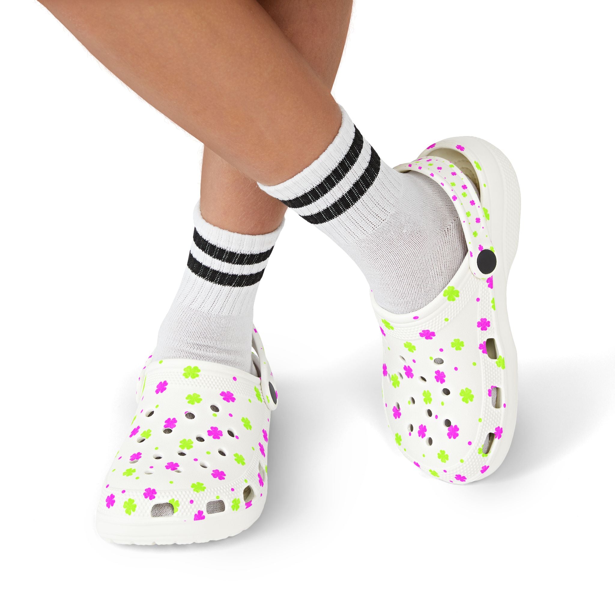 Kids Floral EVA Foam Clogs — White Pink & Green All-Over Print