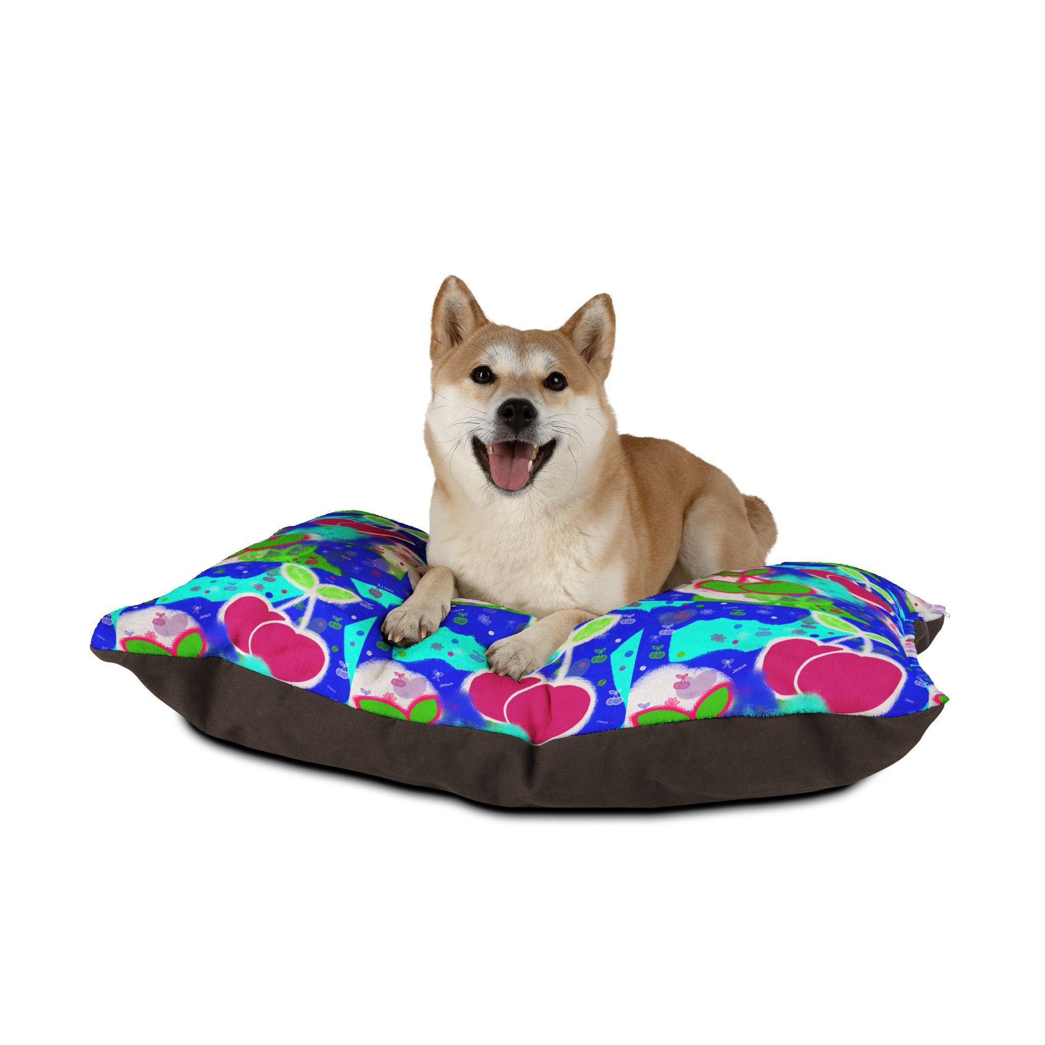 Cherry Pop Pattern Pet Bed — Bright Blue Floral Cherry Cushion for Dogs & Cats