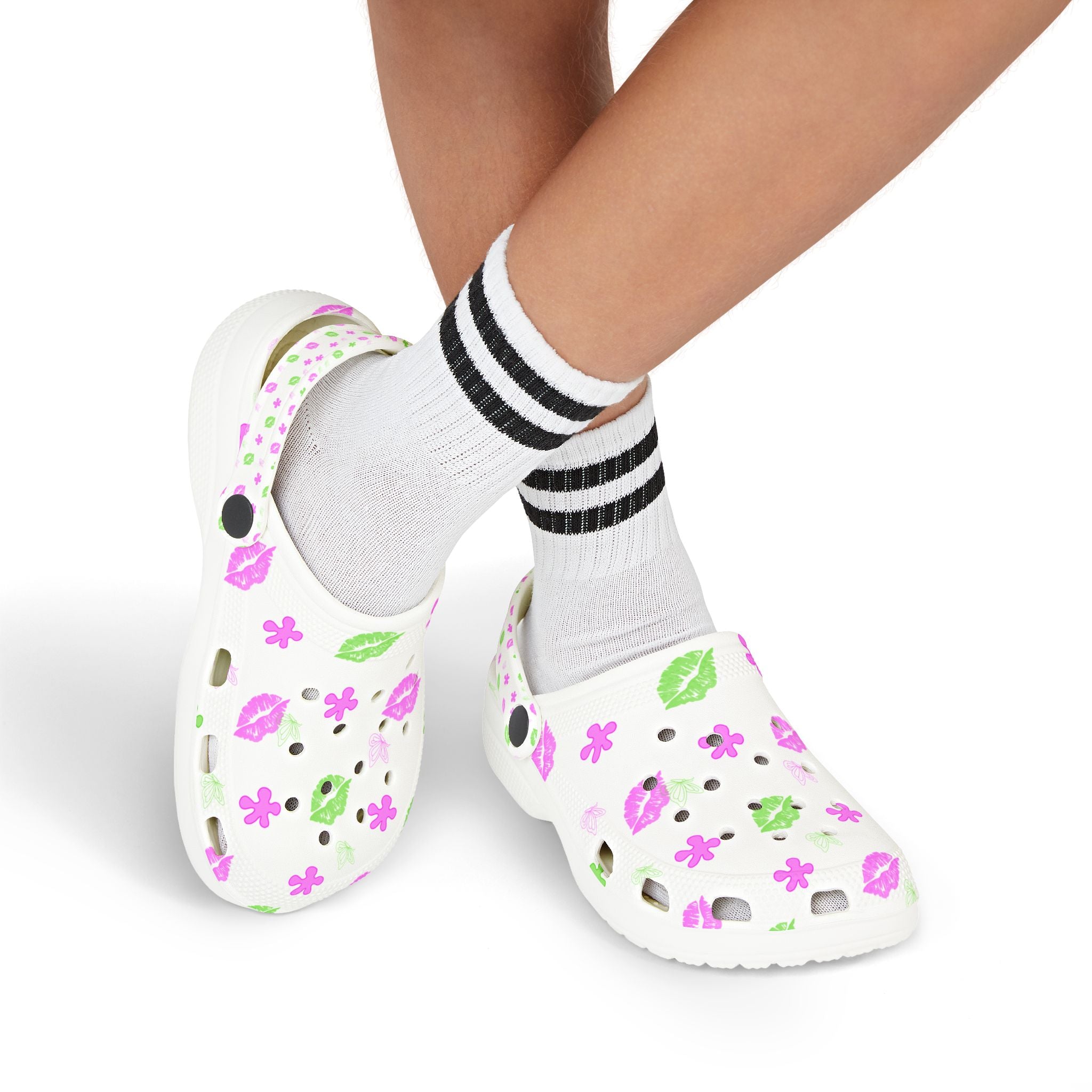 Kids Floral & Lips EVA Foam Clogs — Pink & Green Patterned Slip-On Sandals