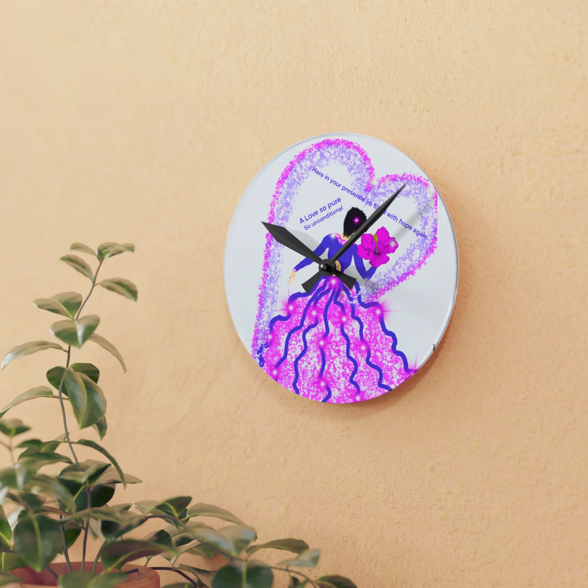 Romantic Princess Acrylic Wall Clock — 'A Love to Grow' Pink Heart Design