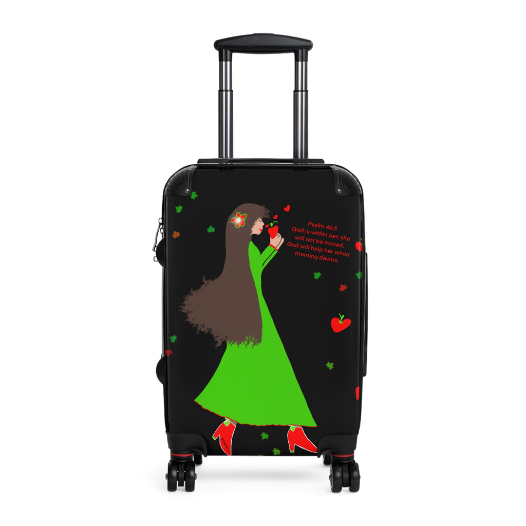 Suitcase — Whimsical Green Dress Traveler Luggage with 'Peace' Design