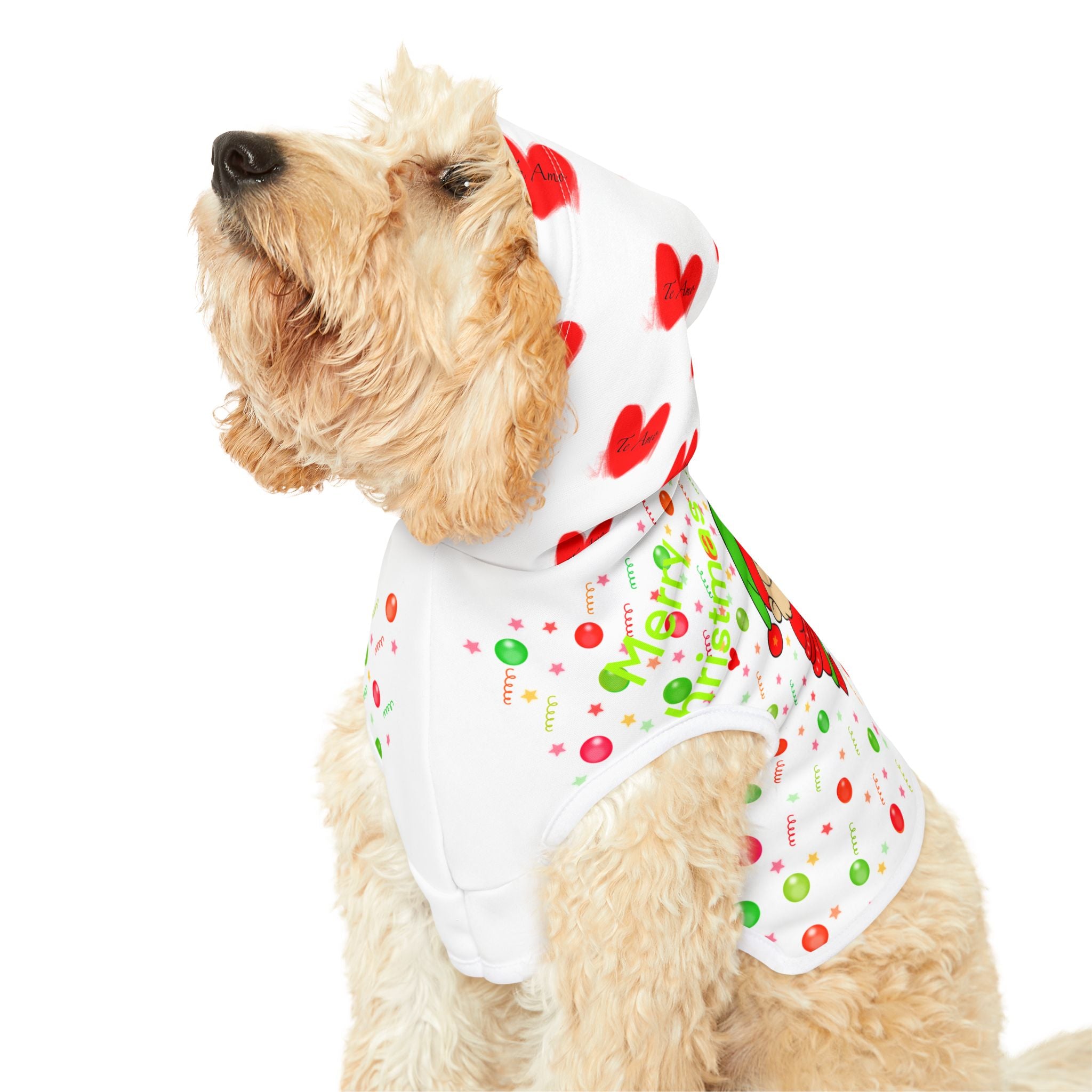Christmas Elf & Reindeer Pet Hoodie – Cute Holiday Dog/Cat Sweater with Hearts & Confetti