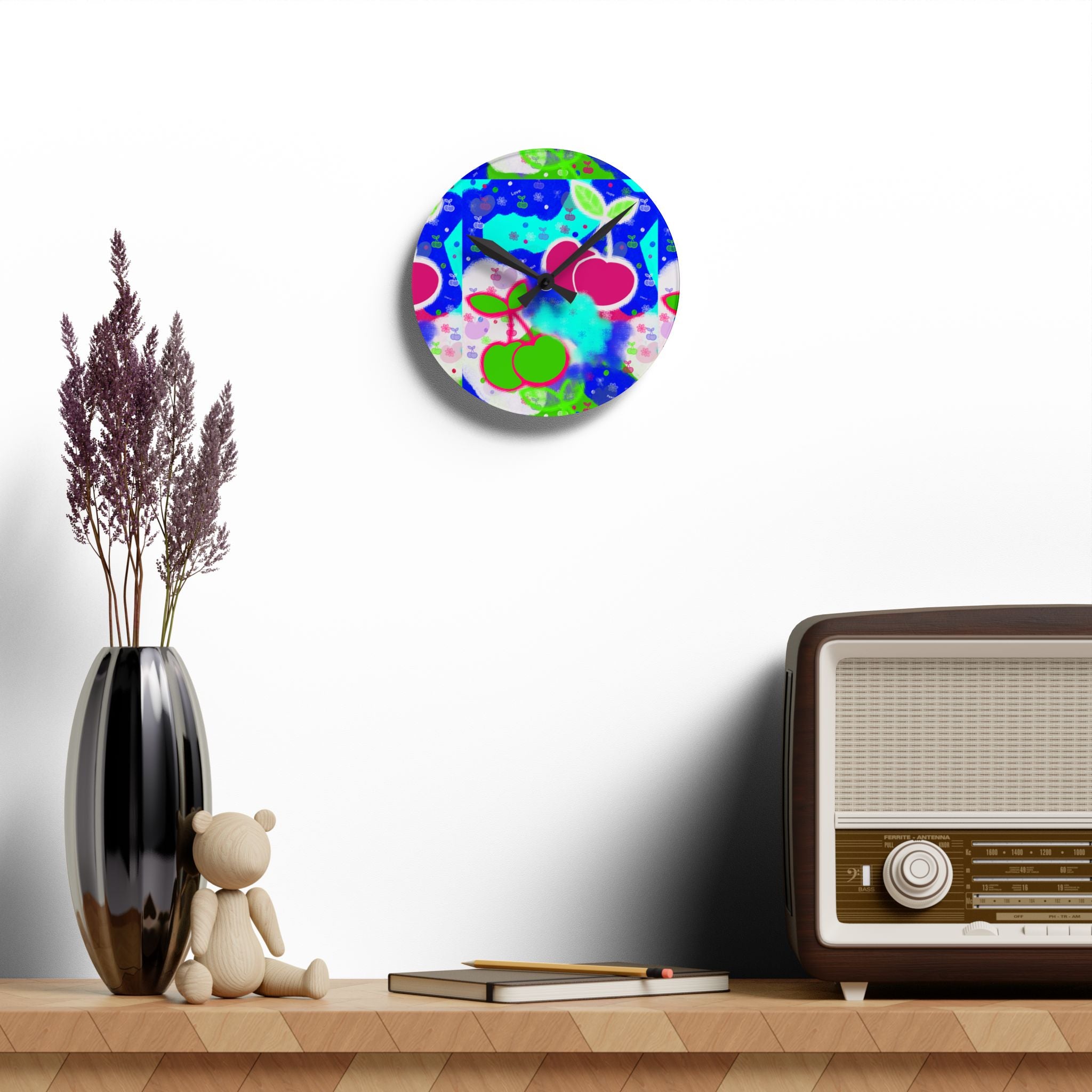 Colorful Cherry Pop Acrylic Wall Clock — Retro Fruit Kitchen Decor