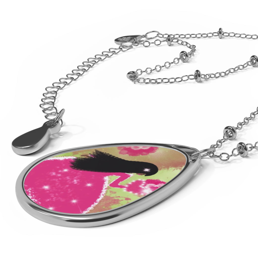 Bird Silhouette Oval Necklace — Pink Floral Pendant Jewelry