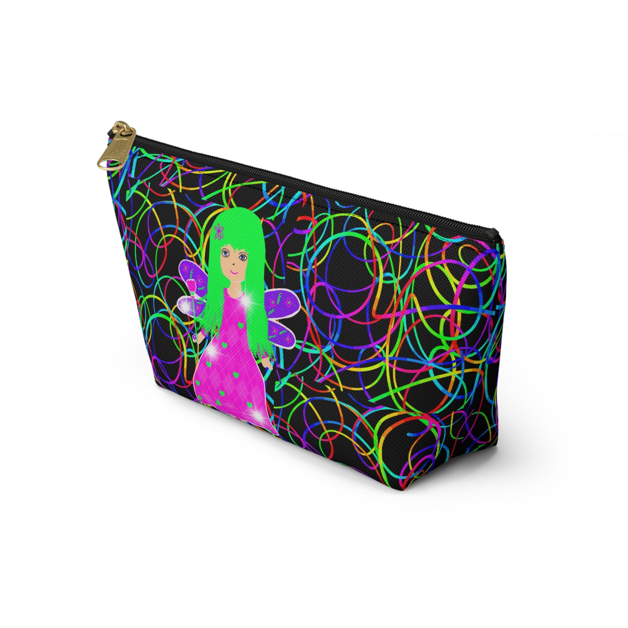 Fairy Girl Neon Circles Accessory Pouch — Womens Cosmetic Bag with T‑Bottom