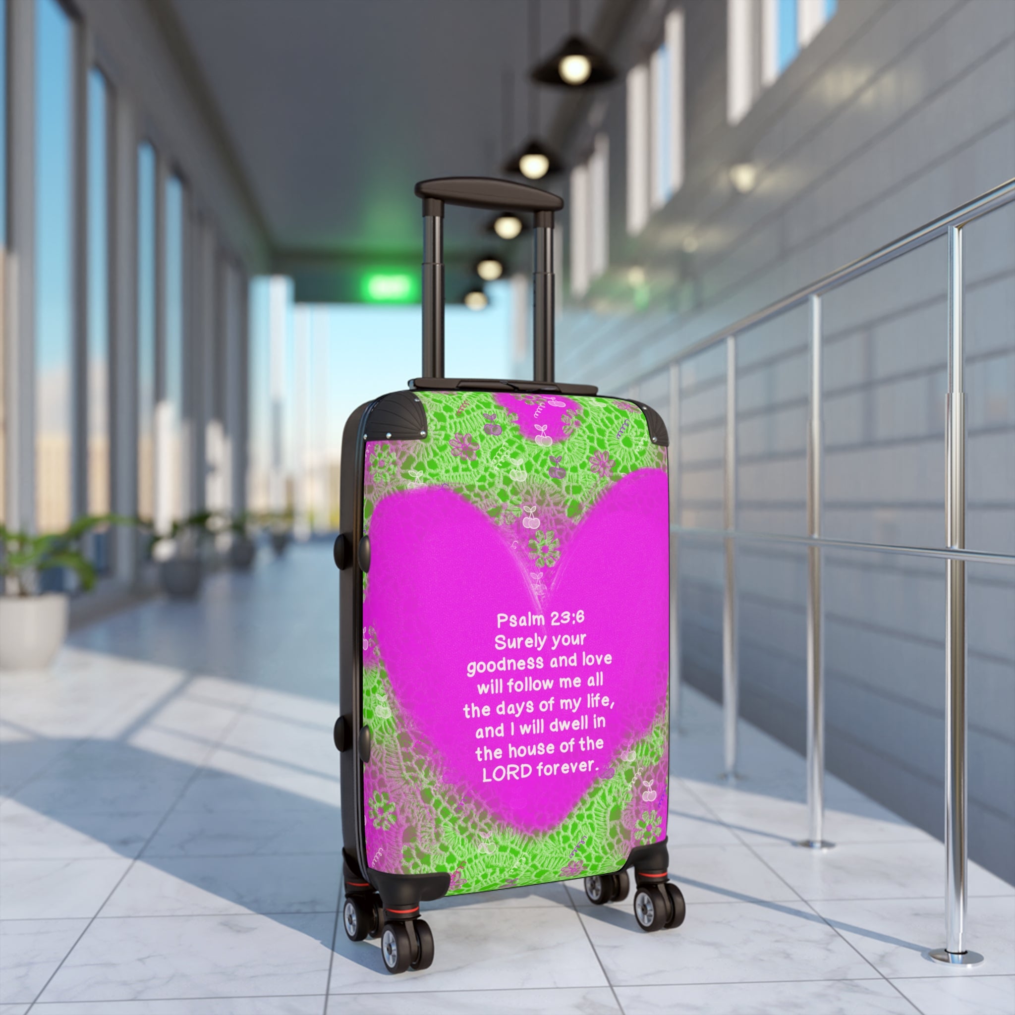 Psalm 23:6 Pink Heart Carry-On Suitcase — Christian Travel Luggage