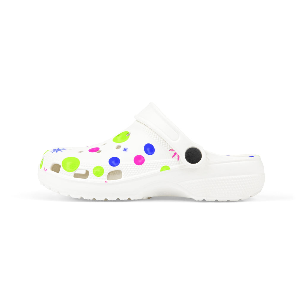 Kids EVA Foam Clogs — White Neon Polka Dot Splash