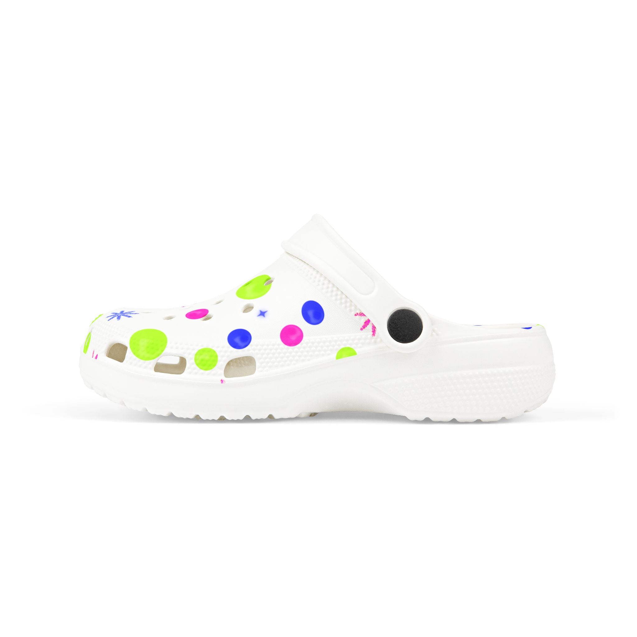 Kids EVA Foam Clogs — White Neon Polka Dot Splash