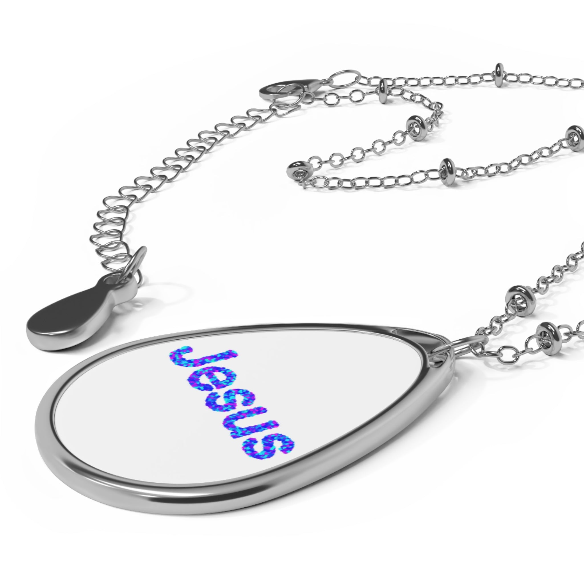 Jesus Oval Pendant Necklace — Religious Faith Silver Teardrop Necklace