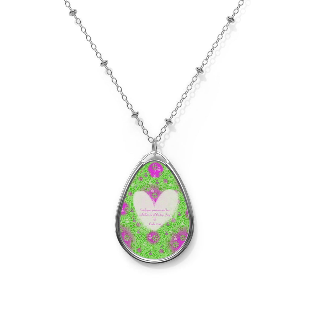 Oval Necklace - Green Floral Heart Teardrop Pendant Necklace