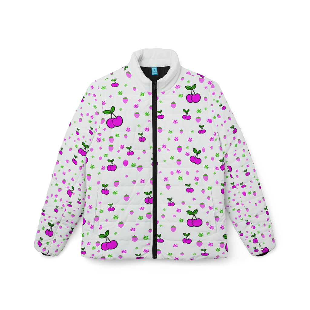 Cherry Dots Women’s Puffer Jacket — Cute Pink & Purple Cherry All-Over Print