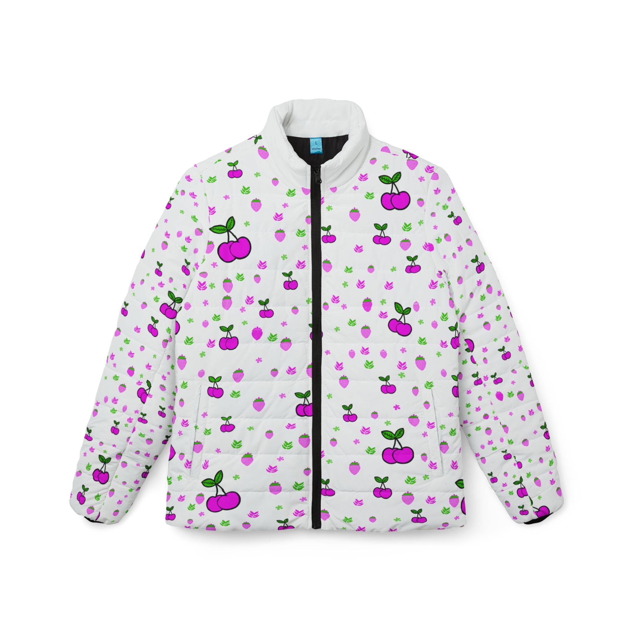 Cherry Dots Women’s Puffer Jacket — Cute Pink & Purple Cherry All-Over Print