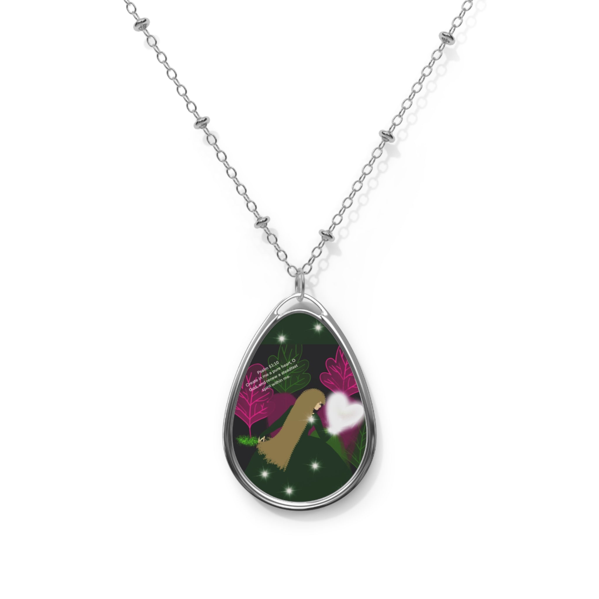 Oval Pendant Necklace — Whimsical Forest Heart Teardrop Pendant
