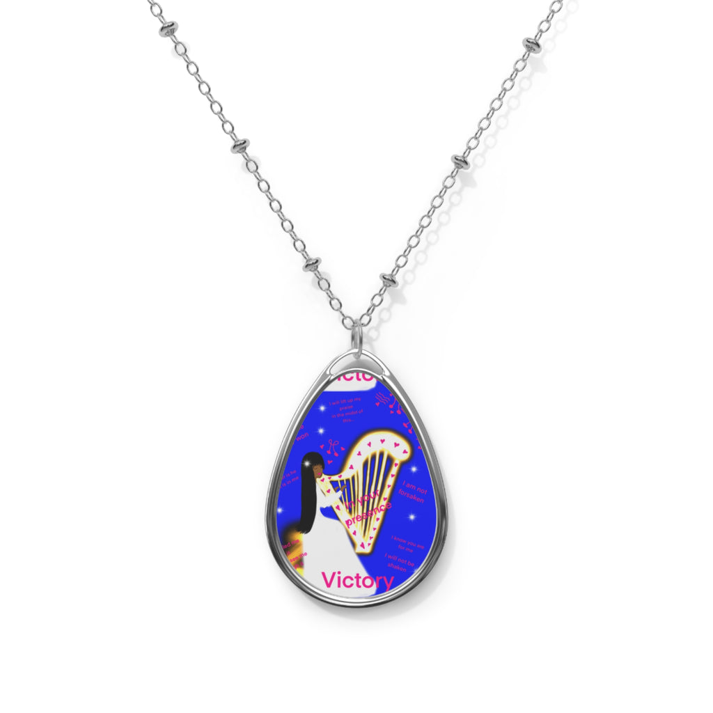 Oval Pendant Necklace — 'Victory' Harp Art Silver Teardrop Necklace