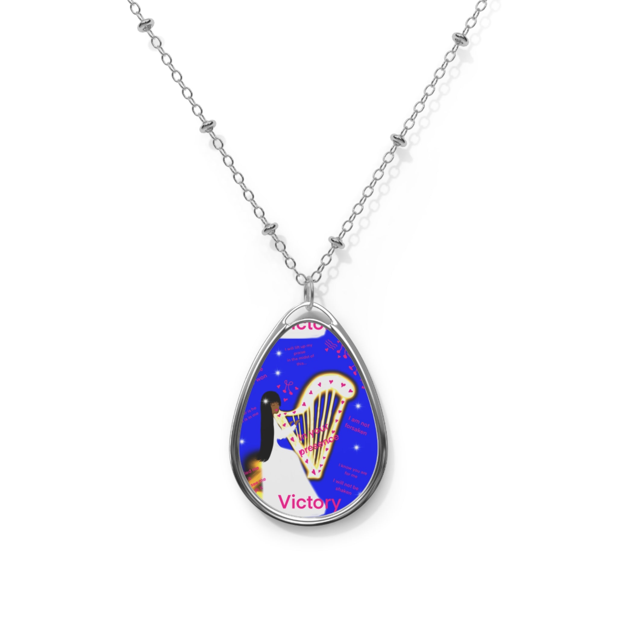 Oval Pendant Necklace — 'Victory' Harp Art Silver Teardrop Necklace