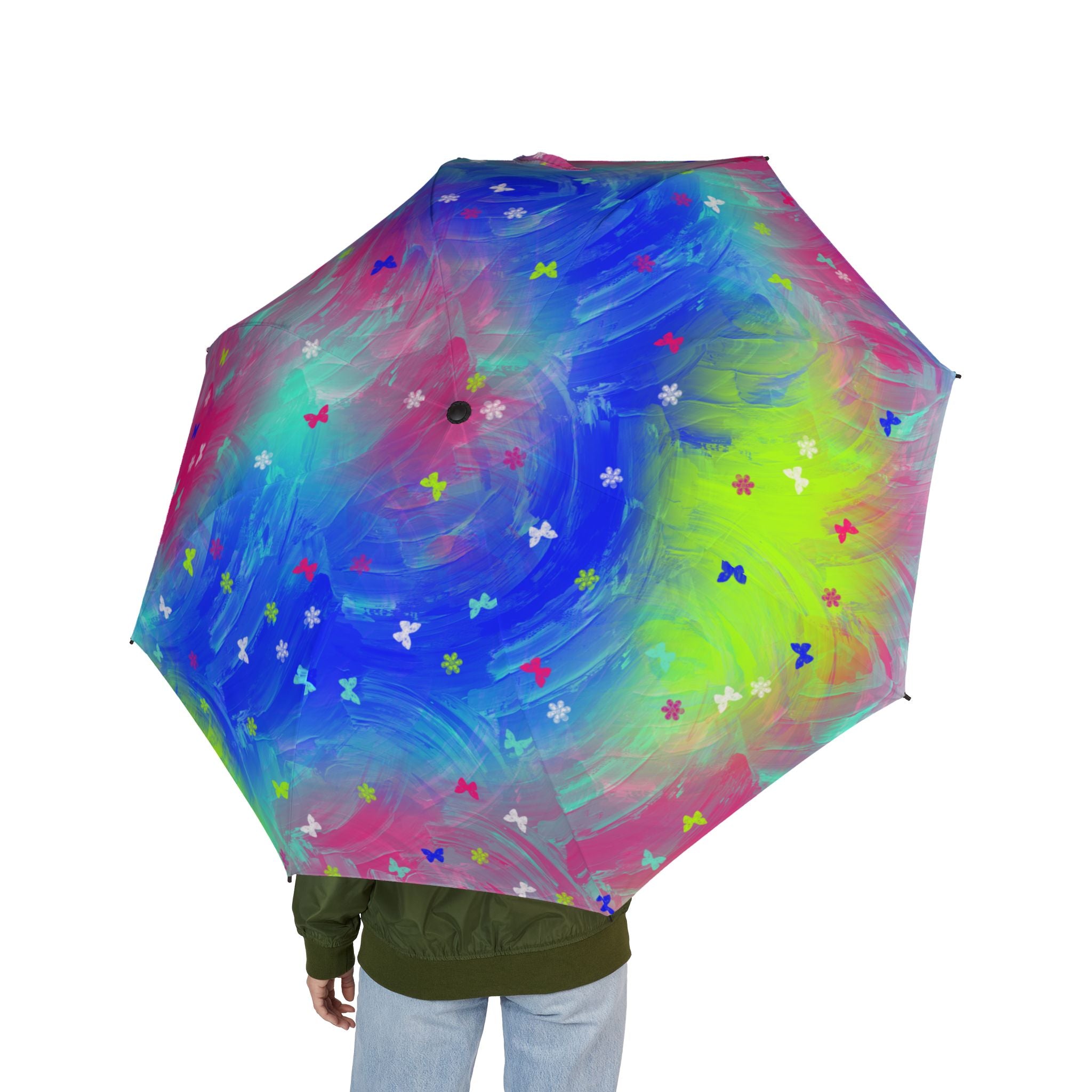 Foldable Umbrella - Colorful Watercolor Butterfly Print, Semi-Automatic Compact Rain Umbrella