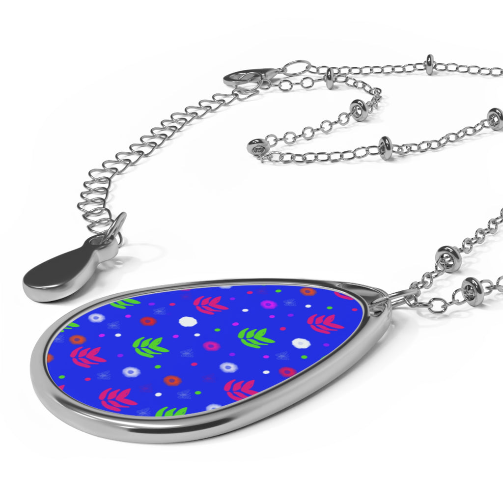 Floral Oval Pendant Necklace — Blue Teardrop Flower Charm
