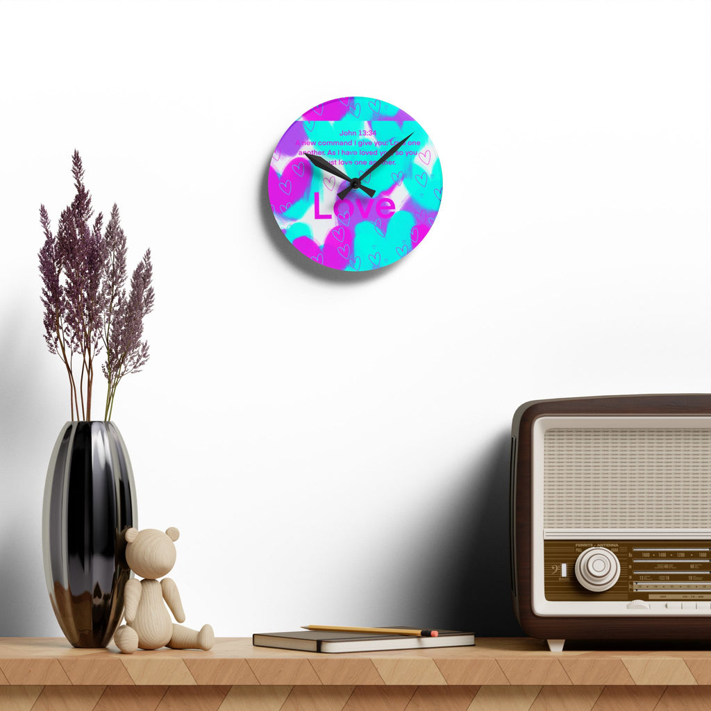 Acrylic Wall Clock — Pastel Heart ‘Love’ Bible Verse (John 13:34)