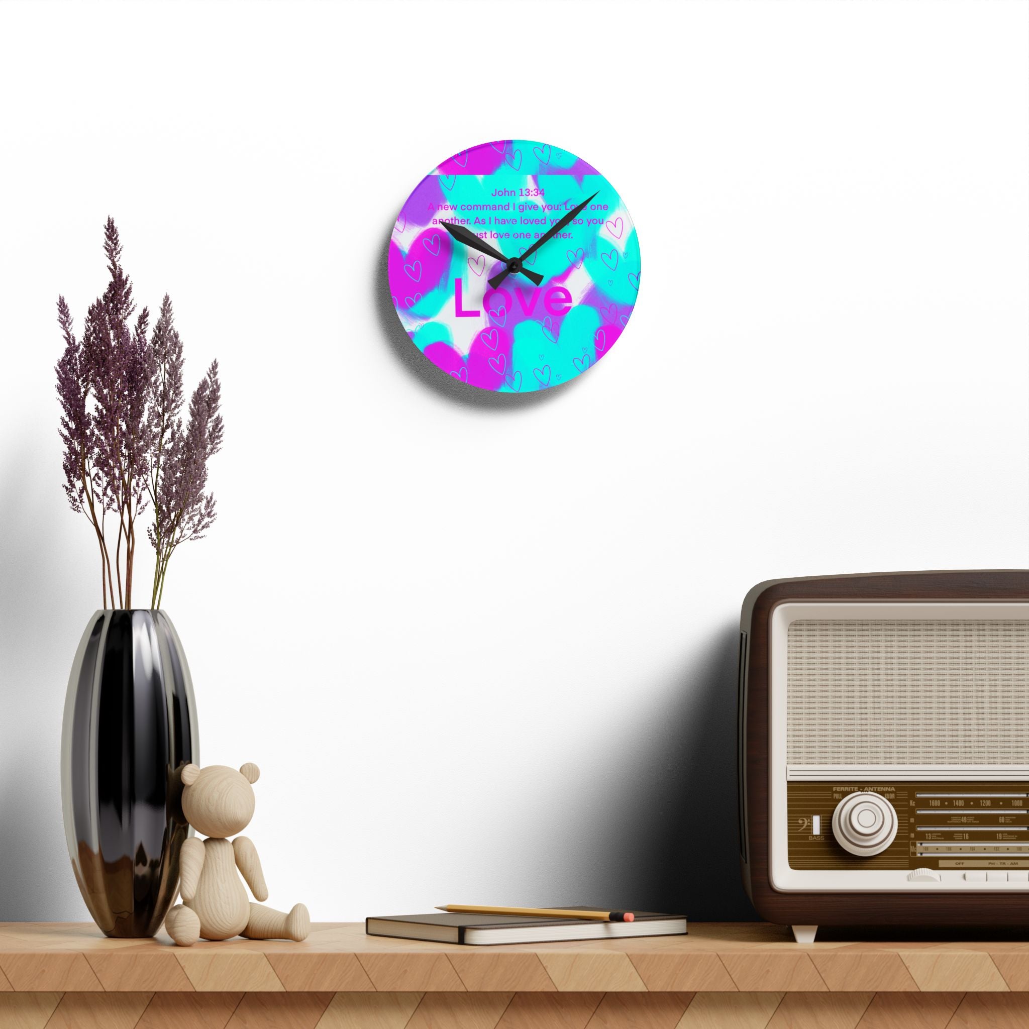 Acrylic Wall Clock — Pastel Heart ‘Love’ Bible Verse (John 13:34)