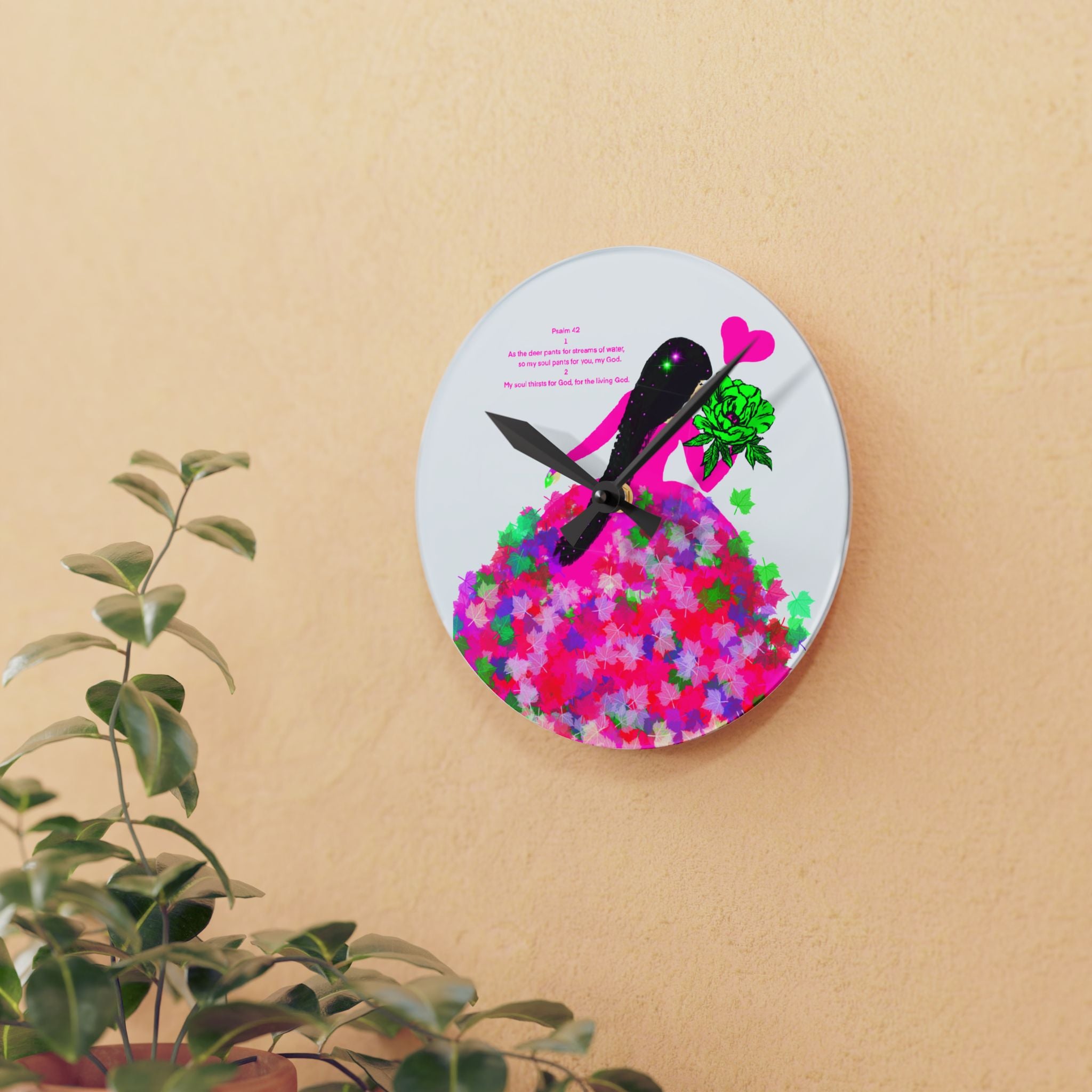 Acrylic Wall Clock — Floral Heart Girl Decorative Wall Clock with Pink Bouquet