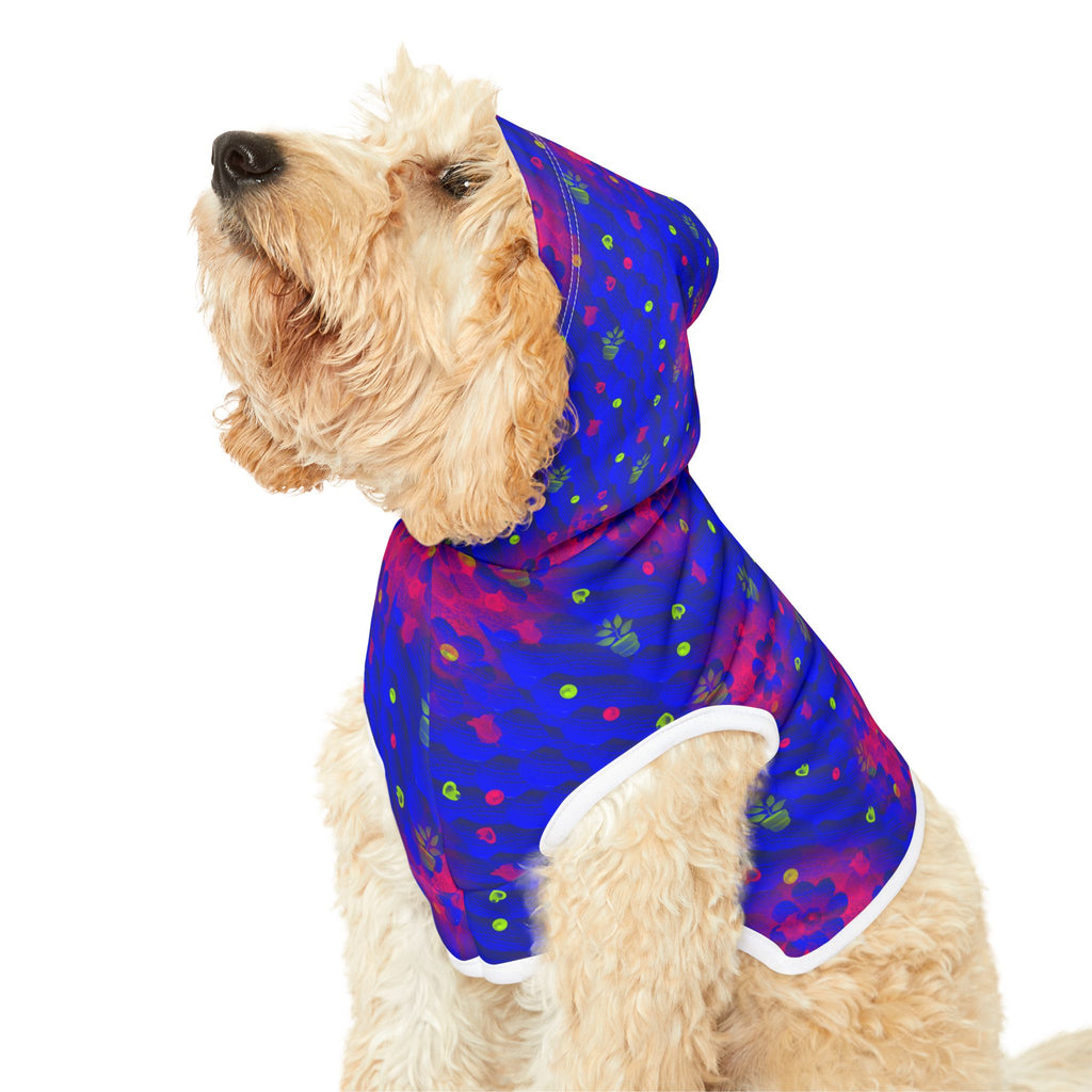 Floral Night Sky Pet Hoodie — Blue & Pink Paw Print Dog Hoodie