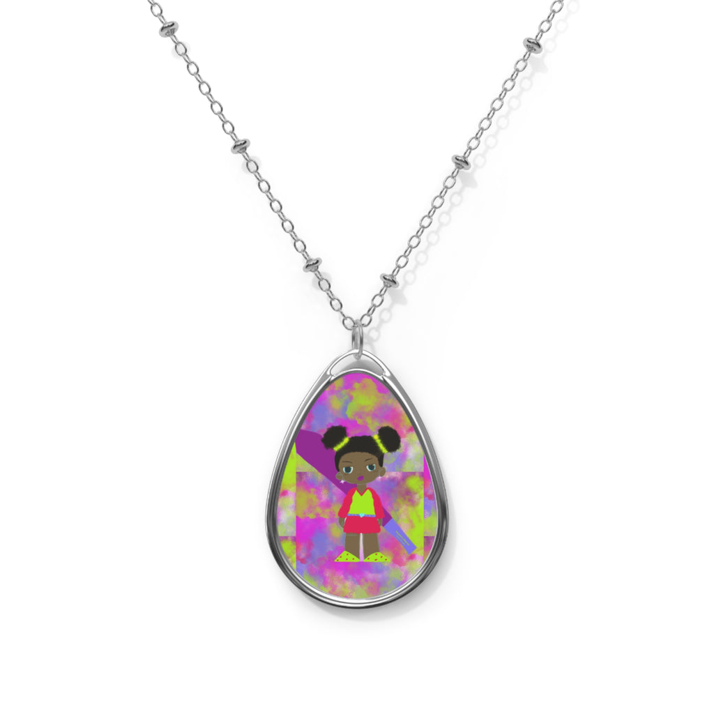 Oval Necklace — Cute Girl Illustration Teardrop Pendant Necklace
