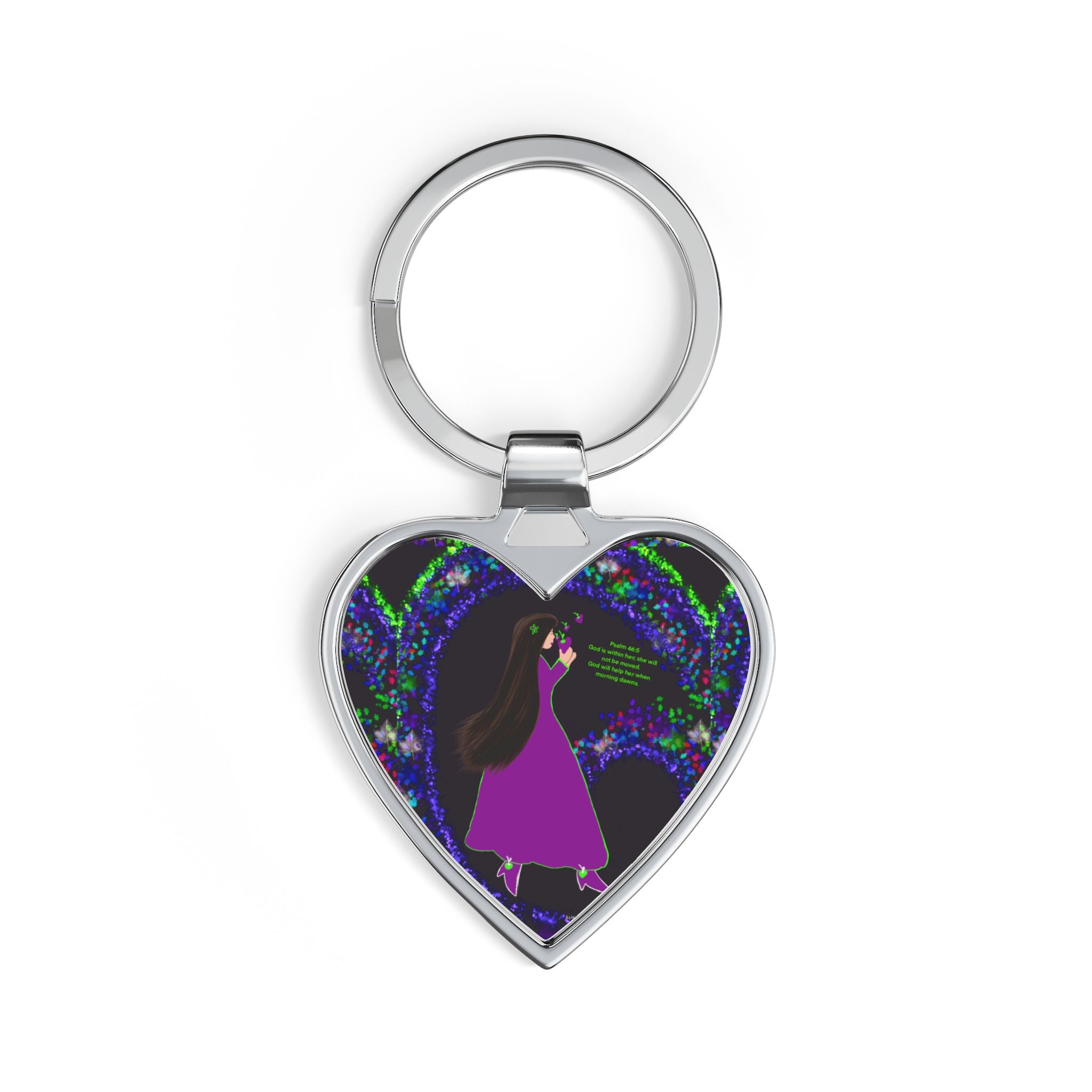 Heart Keychain — Girl in Purple Dress Retro Neon Heart Keychain