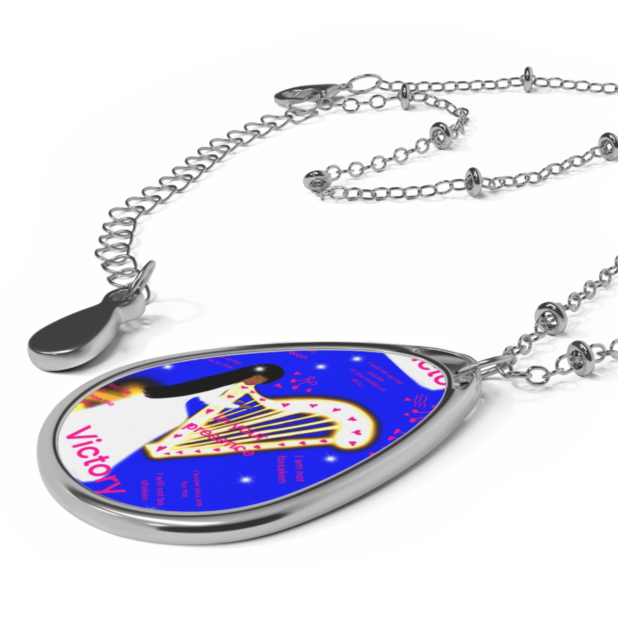 Oval Pendant Necklace — 'Victory' Harp Art Silver Teardrop Necklace