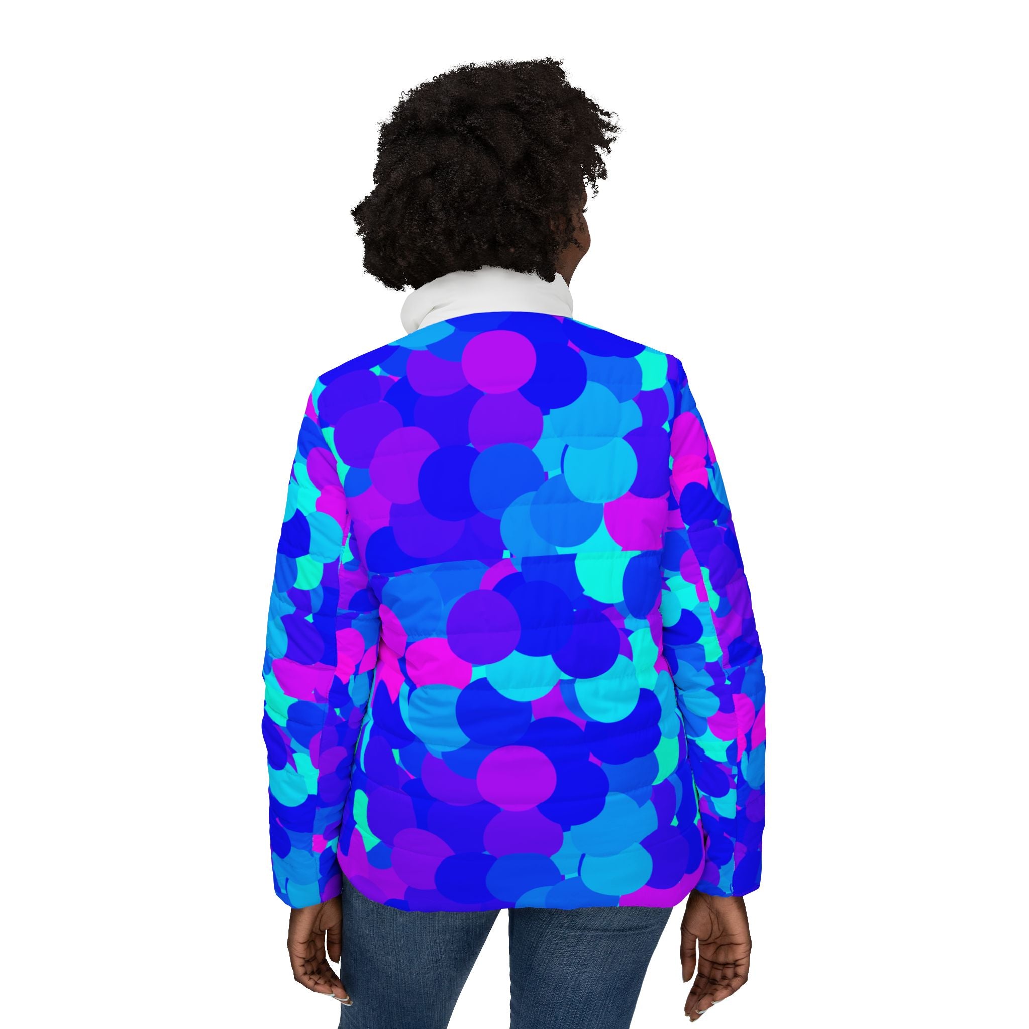 Women’s Puffer Jacket — Vibrant Blue & Purple Confetti All-Over Print
