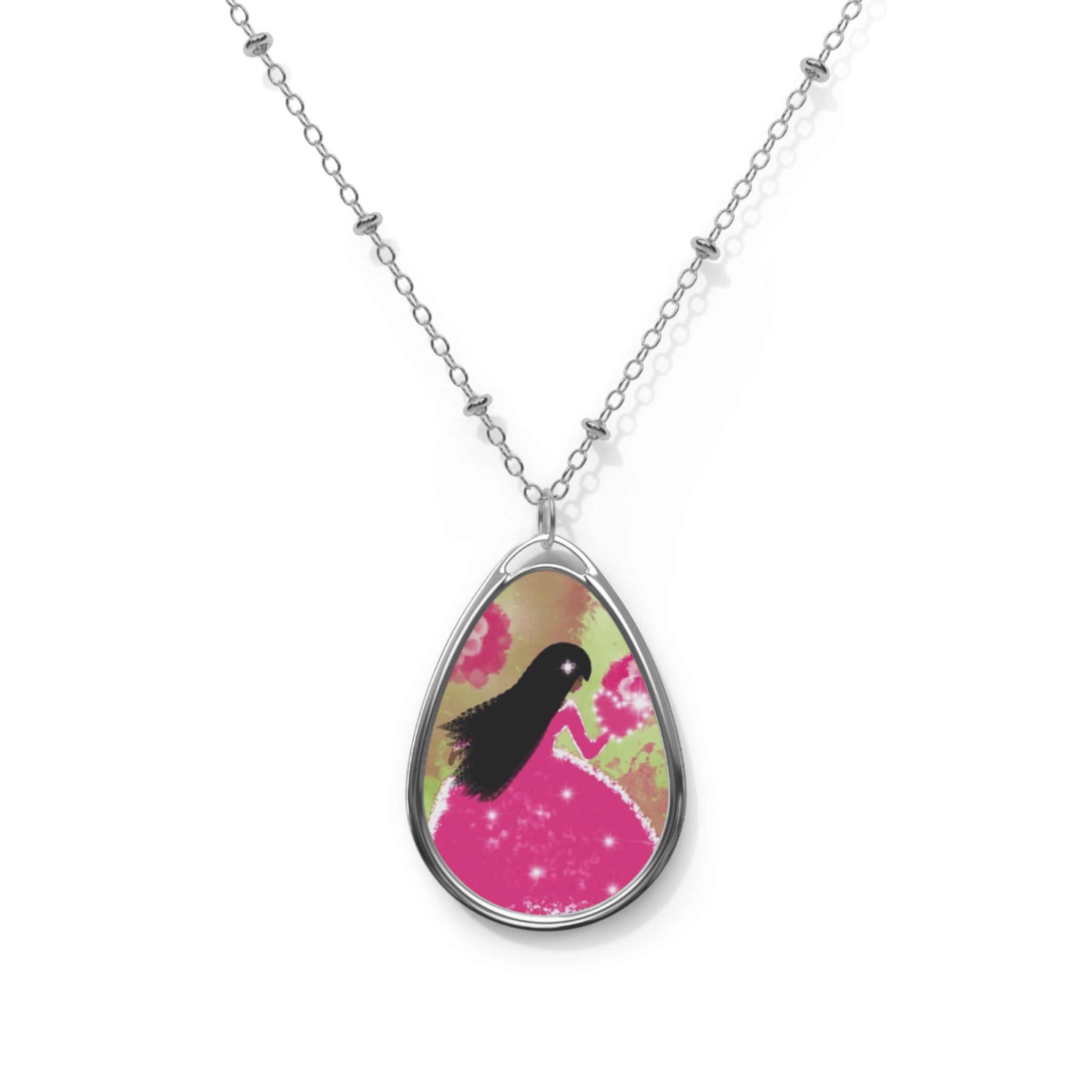 Bird Silhouette Oval Necklace — Pink Floral Pendant Jewelry