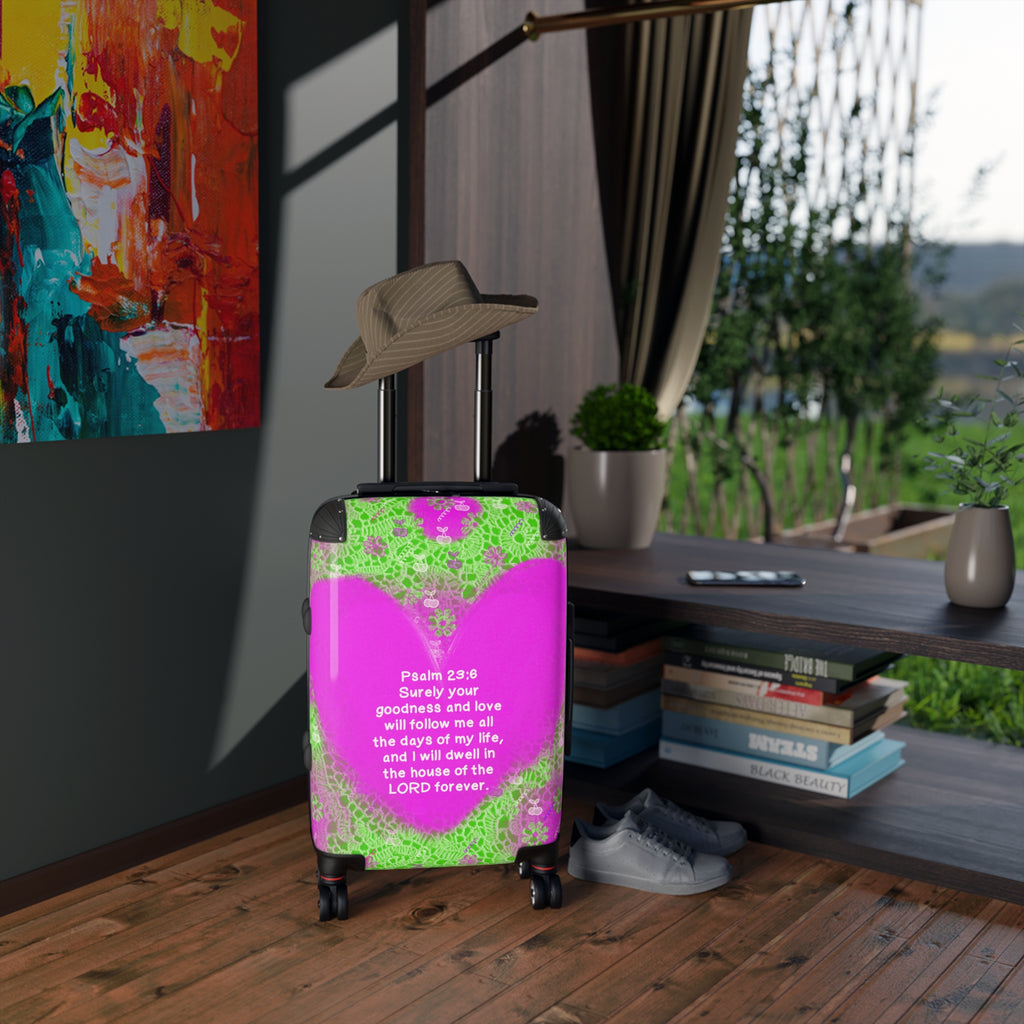 Psalm 23:6 Pink Heart Carry-On Suitcase — Christian Travel Luggage