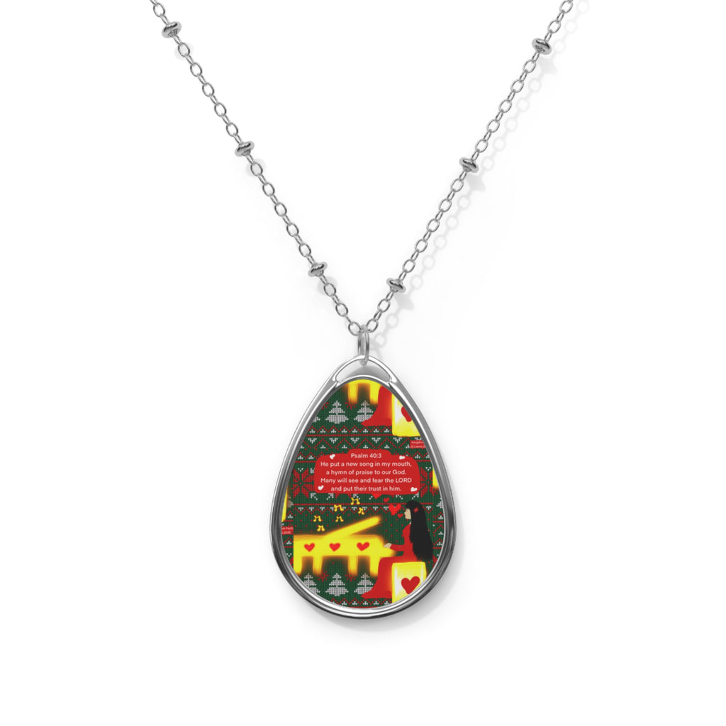 Christmas Oval Pendant Necklace — Festive Holiday Tree & Reindeer Design
