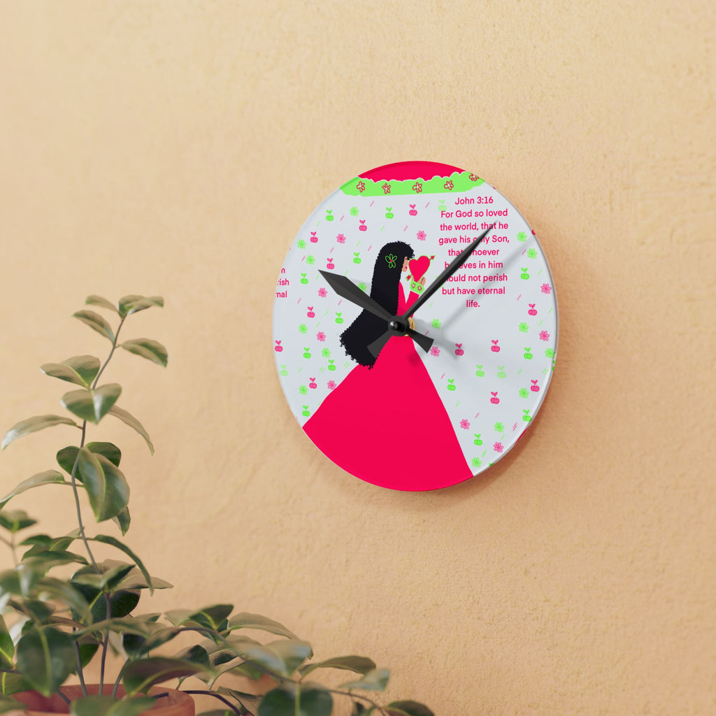 Christian Girl Acrylic Wall Clock — John 3:16 Floral Prayer Design