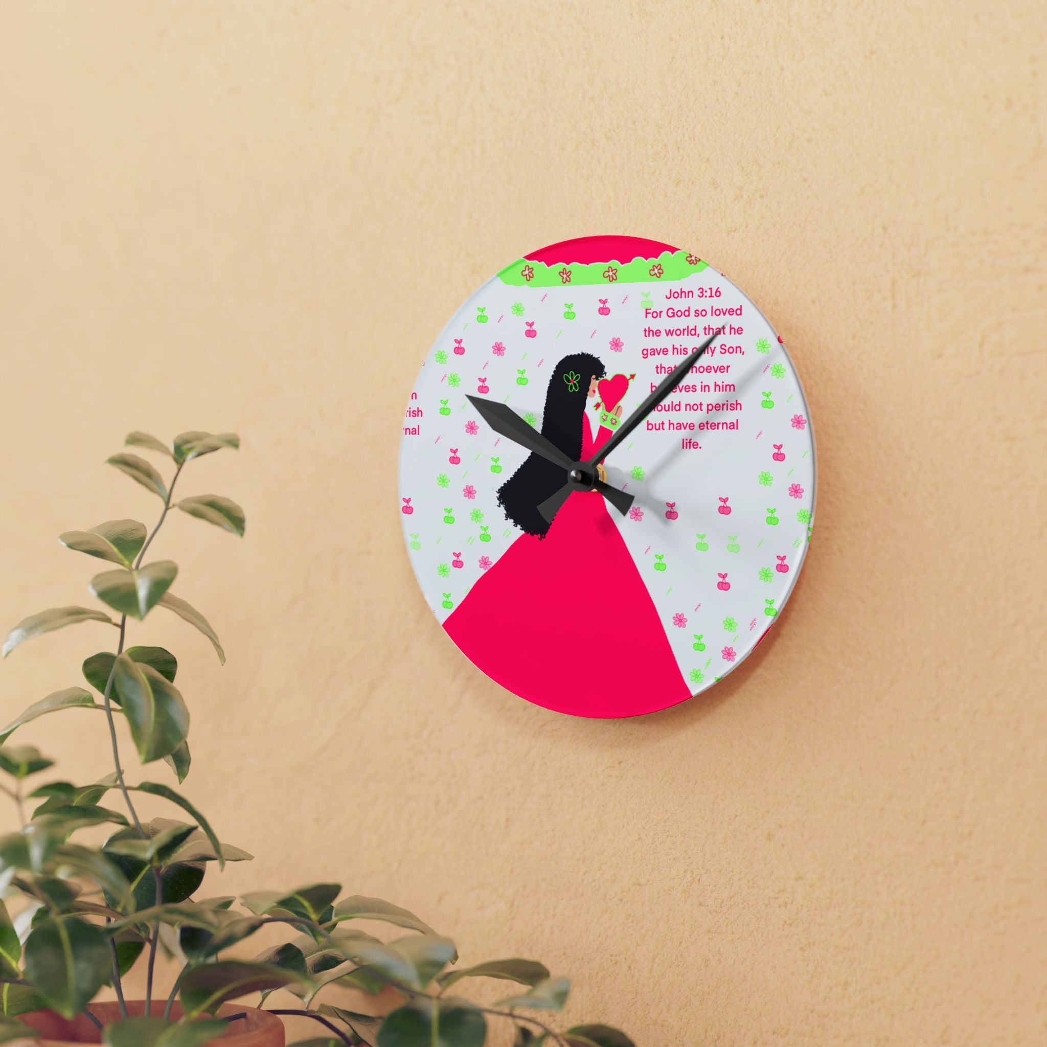 Christian Girl Acrylic Wall Clock — John 3:16 Floral Prayer Design