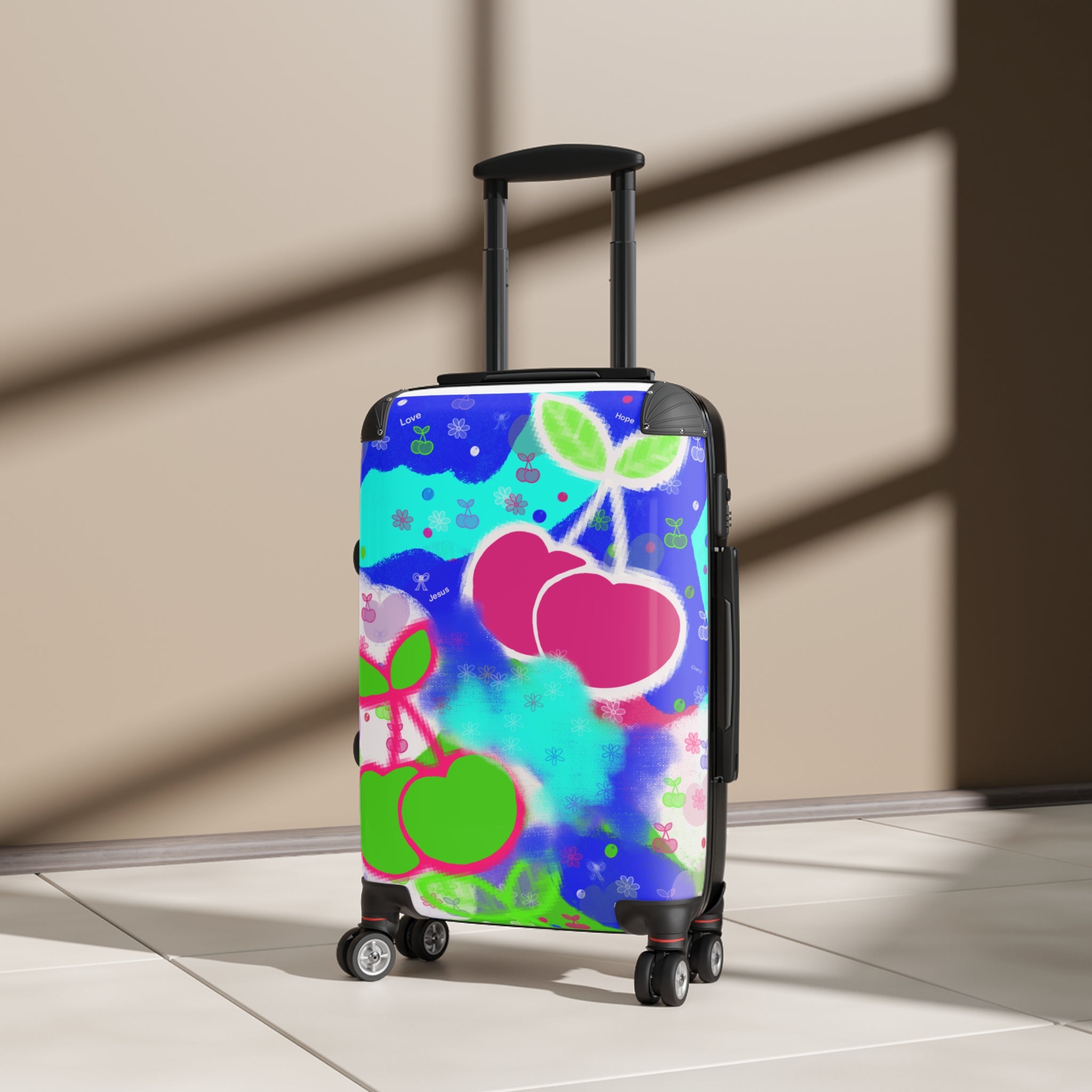 Colorful Cherry Print Carry-On Suitcase — Vibrant Floral Fruit Luggage
