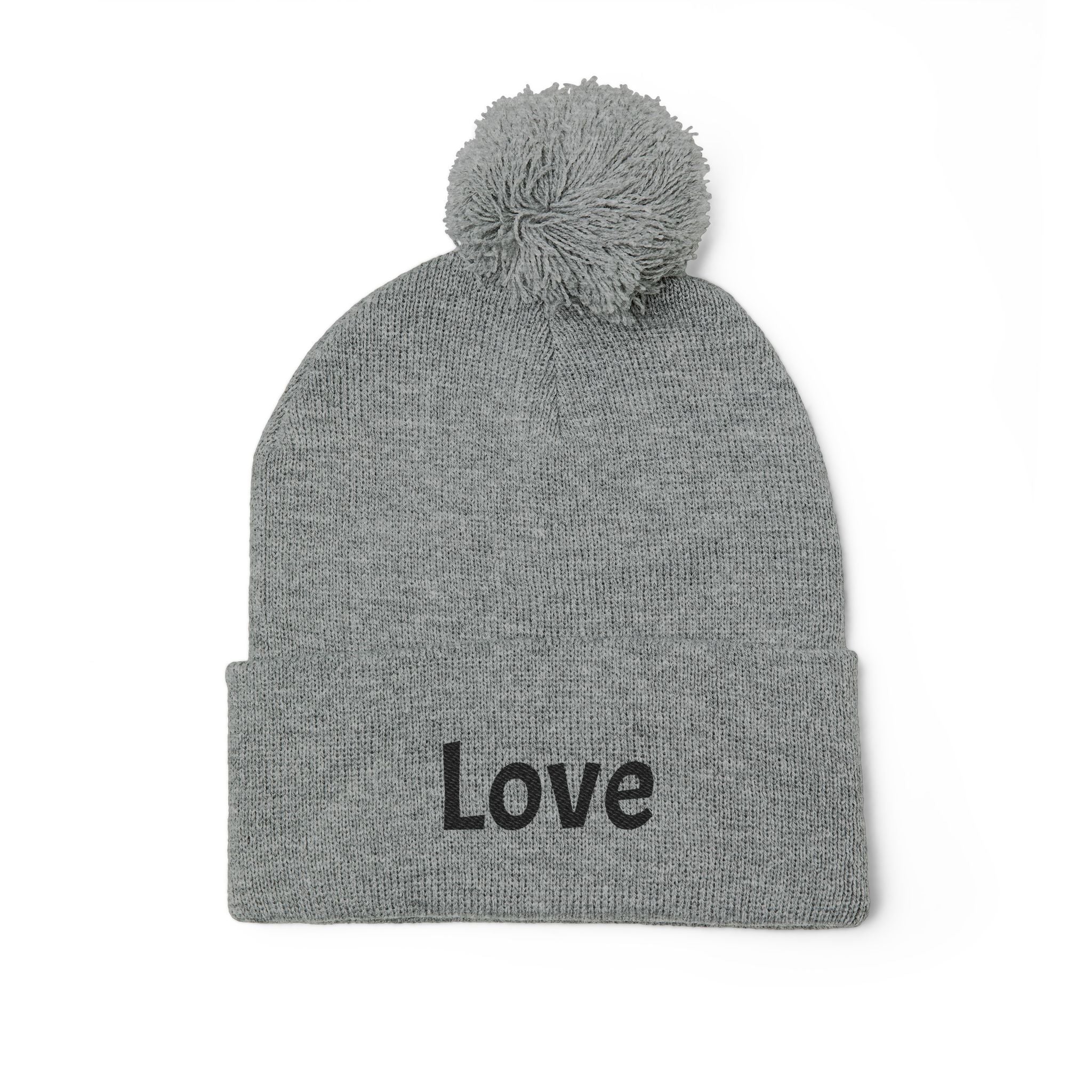 Embroidered "Love" Pom-Pom Beanie — Cozy Knit Winter Hat